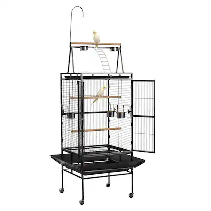 Front. VEVOR - Bird Cage, 32.7 x 31.1 x 82.7 inch, Open Flat Top, Wrought Iron Bird Flight Cage with Perches, Slide-Out Tray - Black.