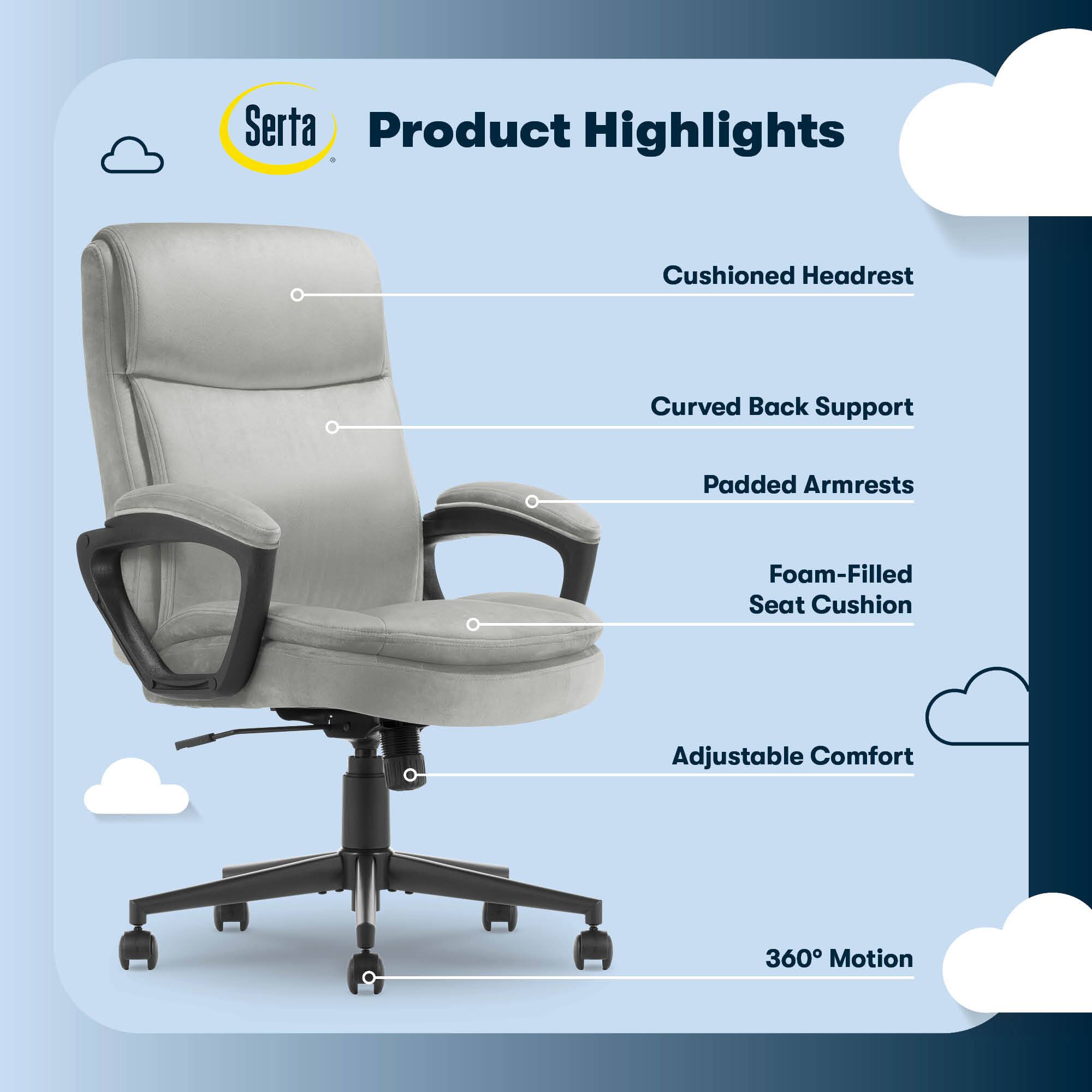 Serta Product Highlights:

1. Cushioned Headrest
2. Curved Back Support
3. Padded Armrests
4. Foam-Filled Seat Cushion
5. Adjustable Comfort
6. 360 Motion