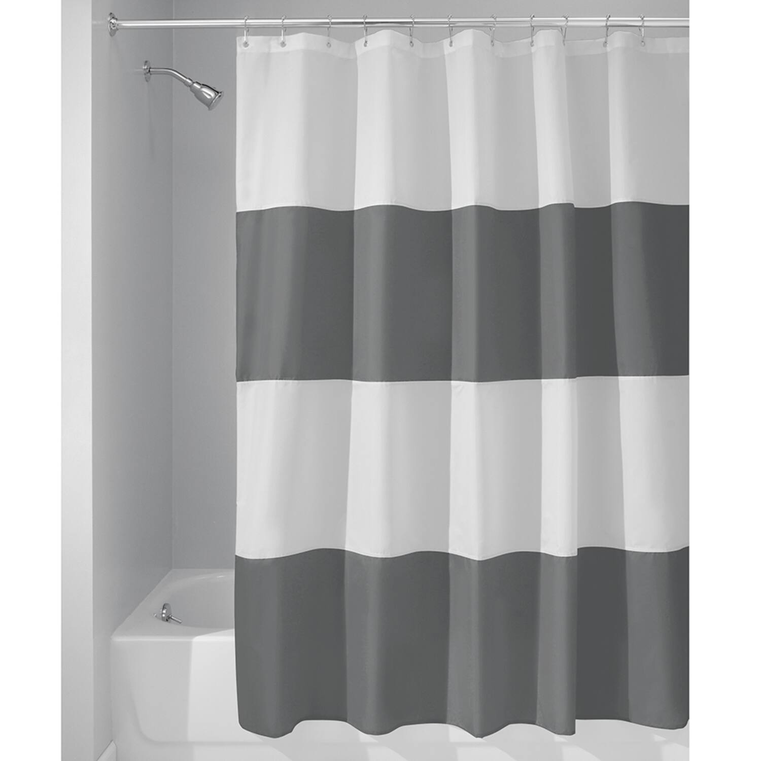 Front. iDesign - iDesign 72 in. H X 72 in. W Gray/White Stripes Shower Curtain Polyester - Gray | White.