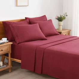 MarCielo - 4/6 Pcs Soft Solid & Embroidery Bed Sheets Set - Burgundy