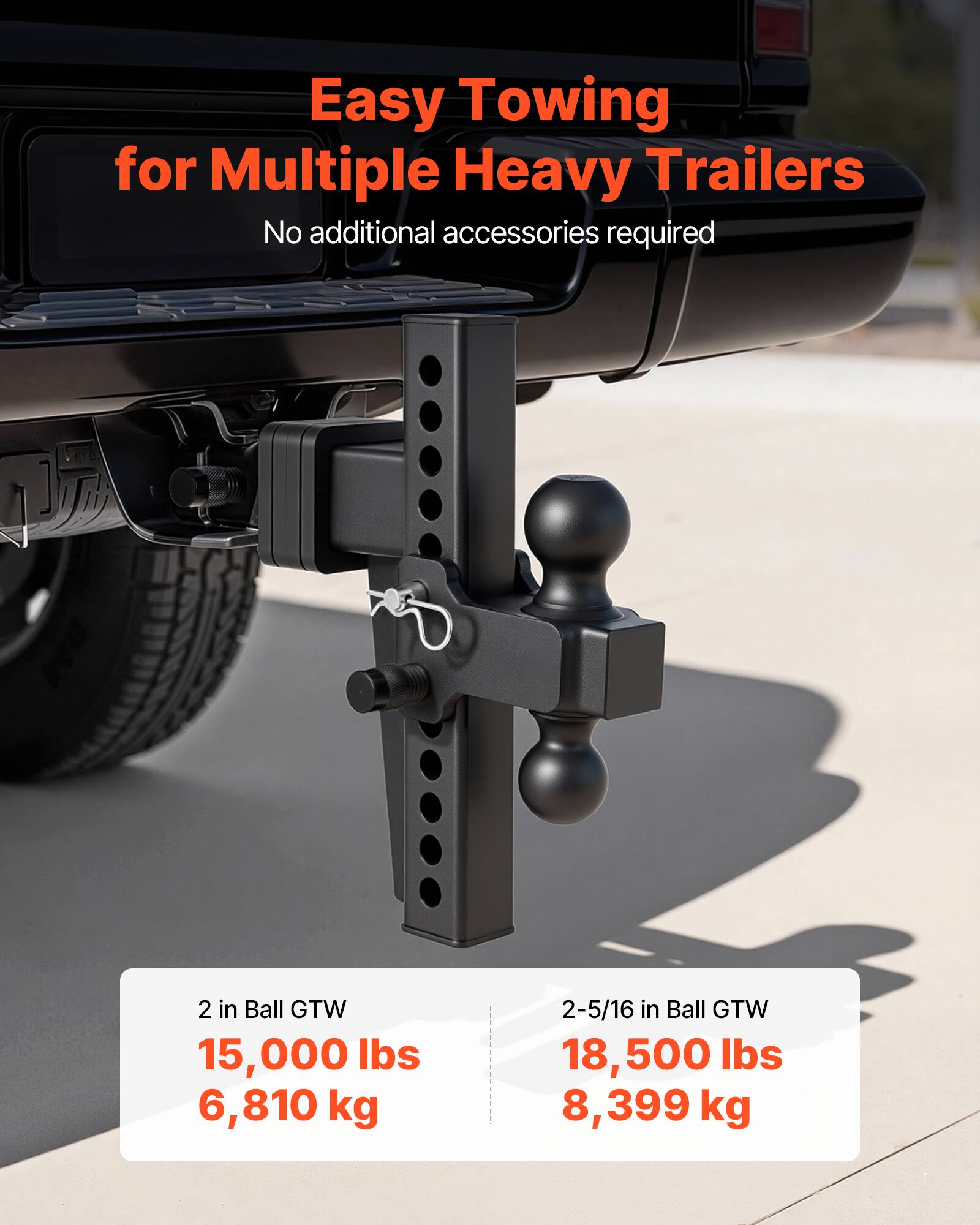 Easy Towing for Multiple Heavy Trailers  
No additional accessories required  

2 in Ball GTW  
15,000 lbs  
6,810 kg  

2-5/16 in Ball GTW  
18,500 lbs  
8,399 kg