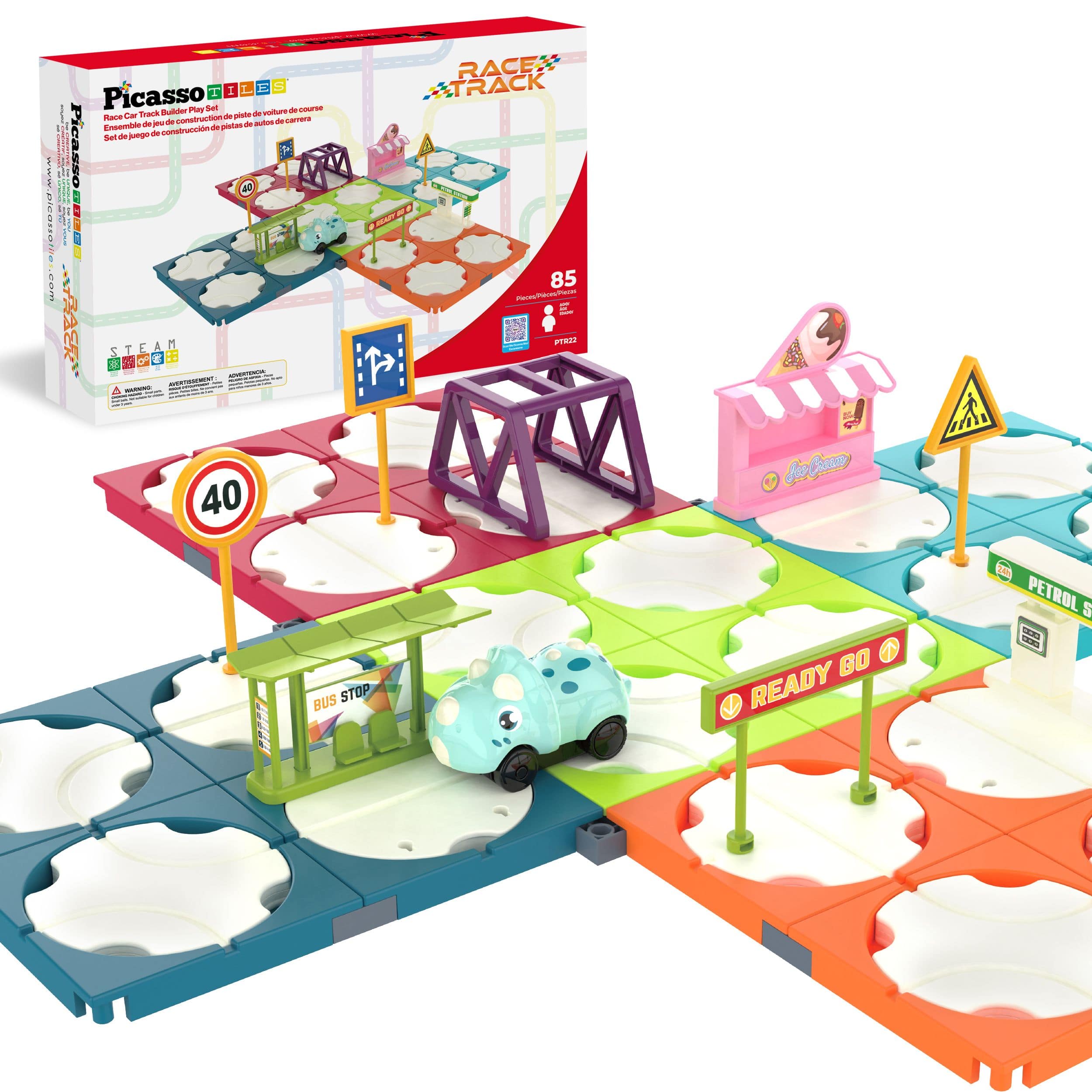 PicassoTiles - 85pc Rotating Reversible Race Car Track Builder Set with Dino Vehicle