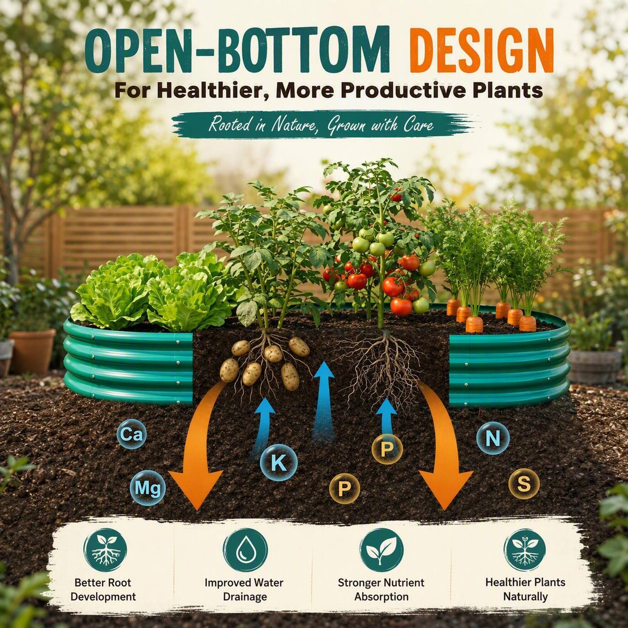 OPEN-BOTTOM DESIGN  
For Healthier, More Productive Plants  
Rooted in Nature, Grown with Care  

Ca Mg  
P  
P  
N  
S  

Better Root Development  
Improved Water Drainage  
Stronger Nutrient Absorption  
Healthier Plants Naturally