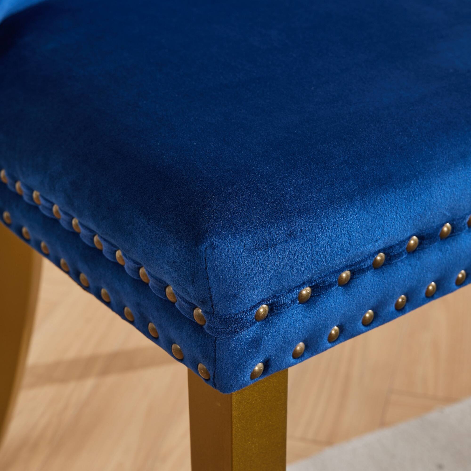 Alt View 9. GOODSILO - Modern Tufted Velvet Dining Chairs with Lion Head Pull Rings and Golden Wooden Legs, Set of 2 - Blue.