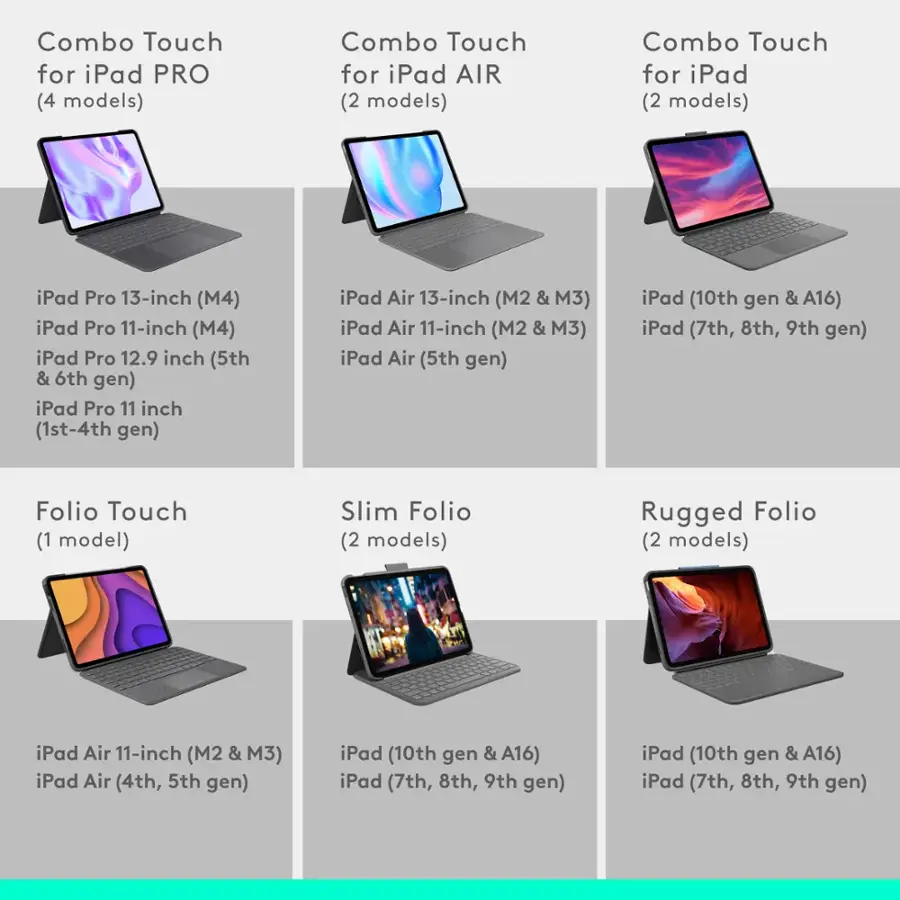 Combo Touch for iPad PRO (4 models)
Combo Touch for iPad AIR (2 models)
Combo Touch for iPad (2 models)
iPad Pro 13-inch (M4)
iPad Pro 11-inch (M4)
iPad Pro 12.9 inch (5th & 6th gen)
iPad Pro 11 inch (1st-4th gen)
iPad Air 13-inch (M2 & M3)
iPad Air 11-inch (M2 & M3)
iPad Air (5th gen)
iPad (10th gen & A16)
iPad (7th, 8th, 9th gen)
Folio Touch (1 model)
Slim Folio (2 models)
Rugged Folio (2 models)
iPad Air 11-inch (M2 & M3)
iPad Air (4th, 5th gen)
iPad (10th gen & A16)
iPad (7th, 8th, 9th gen)
iPad (10th gen & A16)
iPad (7th, 8th, 9th gen)