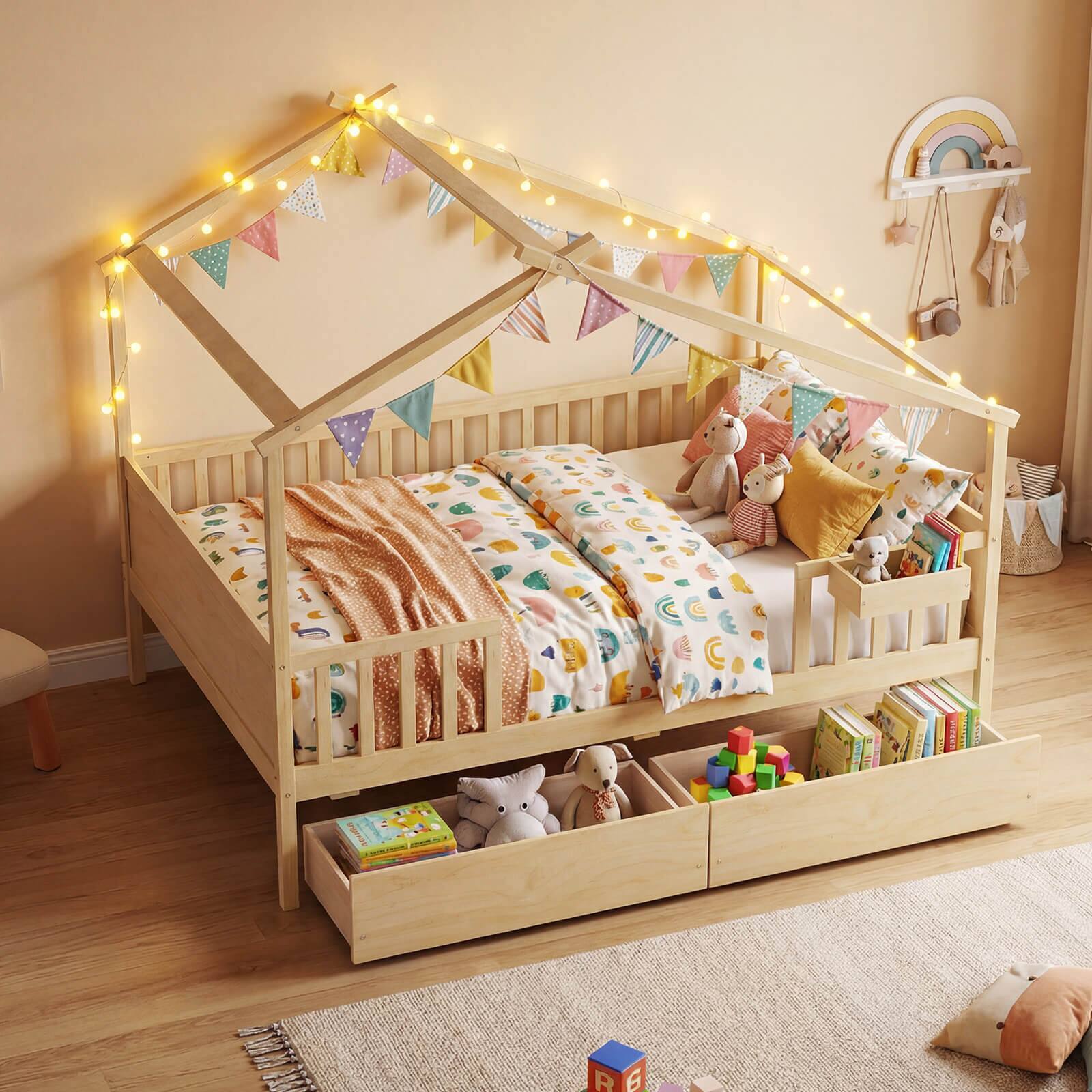 Alt View 1. Costway - Costway Full Size Bed with 2 Storage Drawers, House-shaped Bed Frame - Natural.