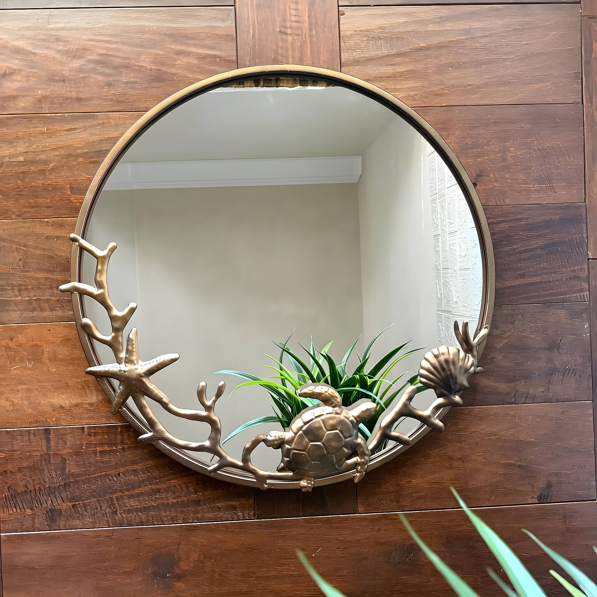 Alt View 3. Zeckos - Wall Mounted Mirror Bronze Coastal Sea Turtle Coral 20.5 in Metal Glass - Bronze.