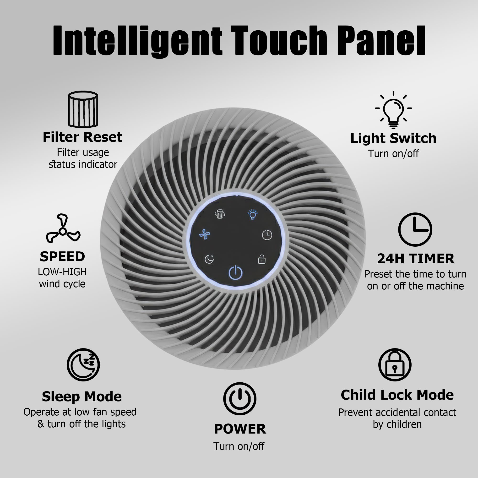 Intelligent Touch Panel

- Filter Reset
  - Filter usage status indicator

- Light Switch
  - Turn on/off

- SPEED
  - LOW-HIGH wind cycle

- 24H TIMER
  - Preset the time to turn on or off the machine

- Sleep Mode
  - Operate at low fan speed & turn off the lights

- POWER
  - Turn on/off

- Child Lock Mode
  - Prevent accidental contact by children