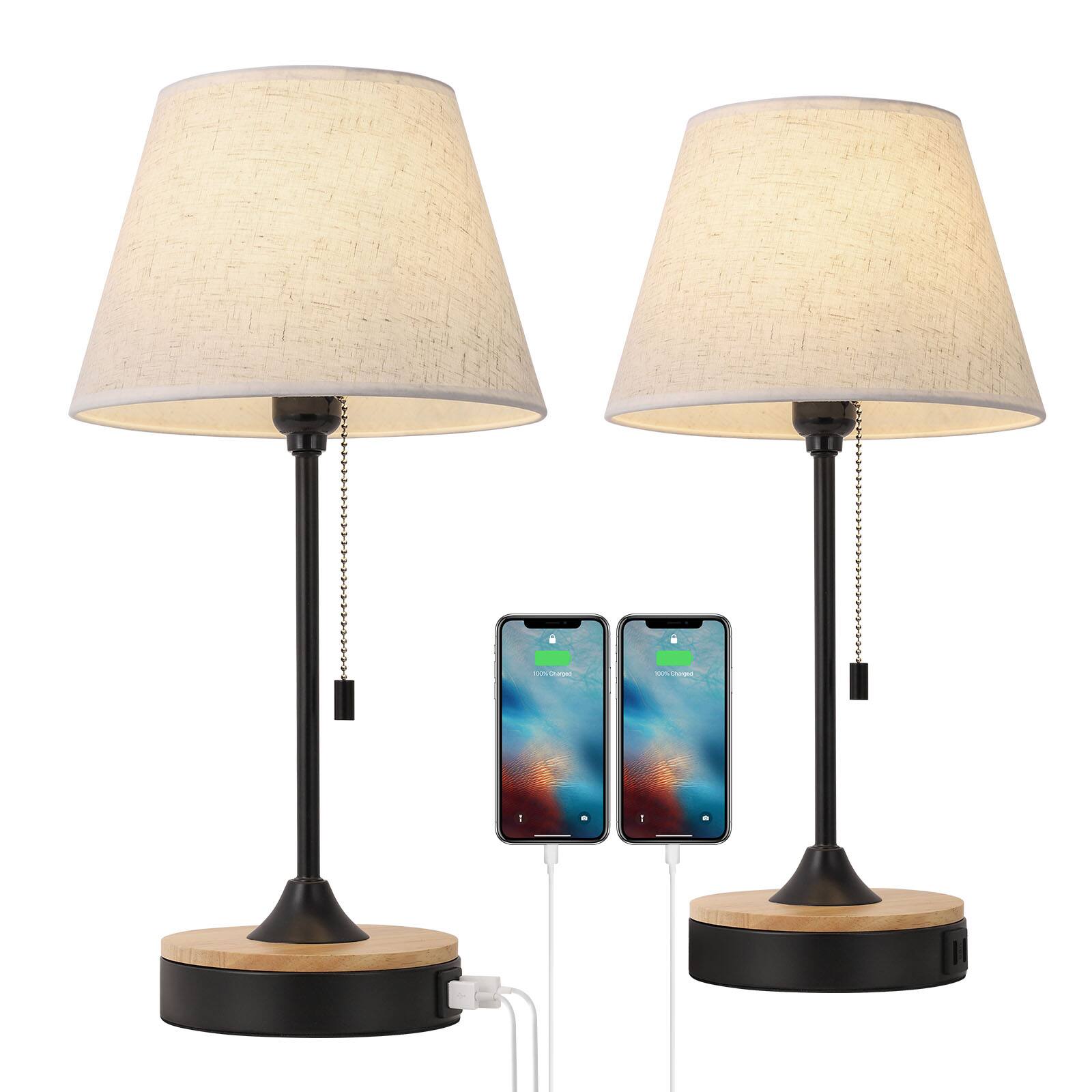Angle. Oumilen - Set of 2 Linen Shade Table Lamps with Dual USB – Modern Black Metal & Wood Base Nightstand Lamps.