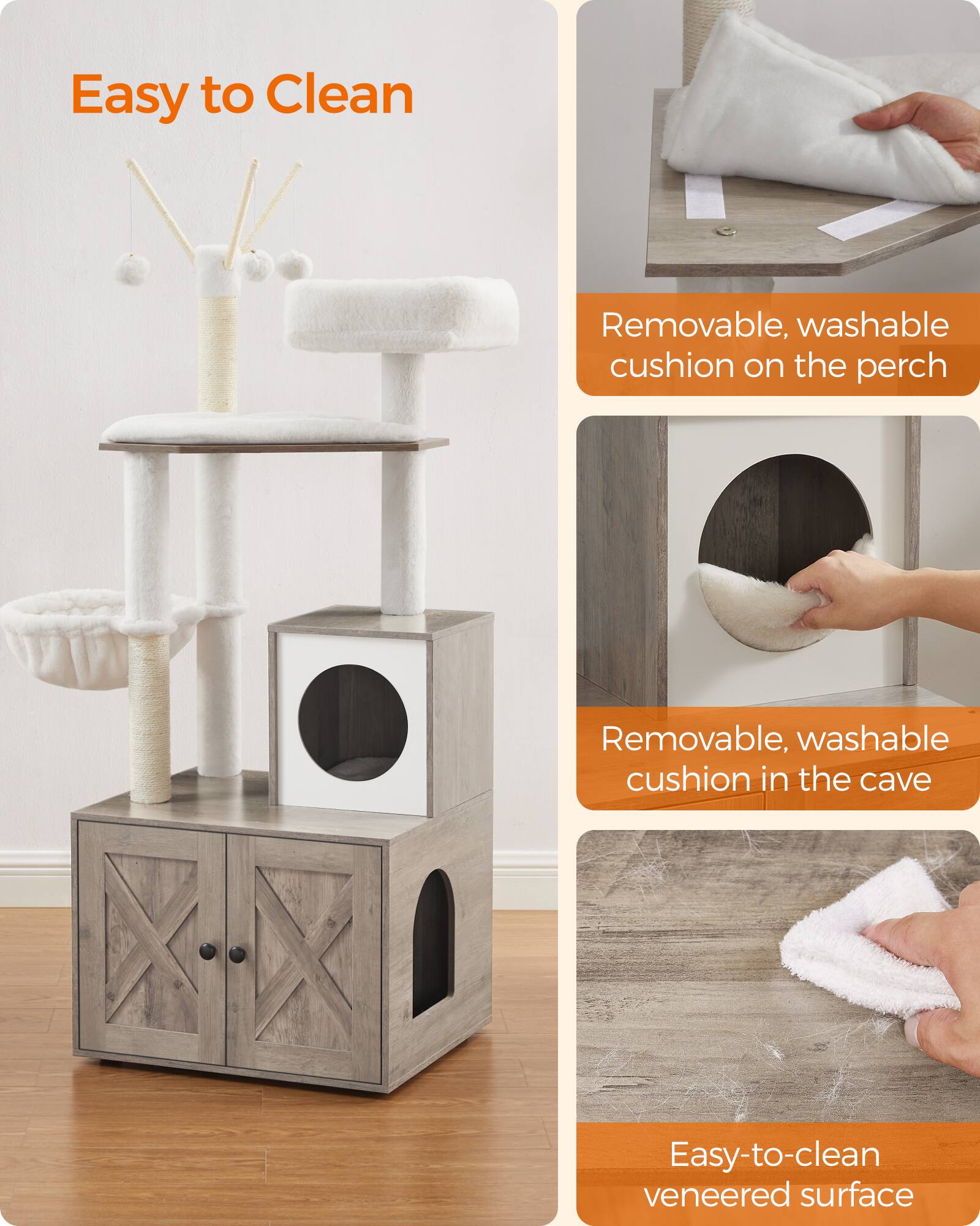 Easy to Clean

- Removable, washable cushion on the perch
- Removable, washable cushion in the cave
- Easy-to-clean veneered surface
