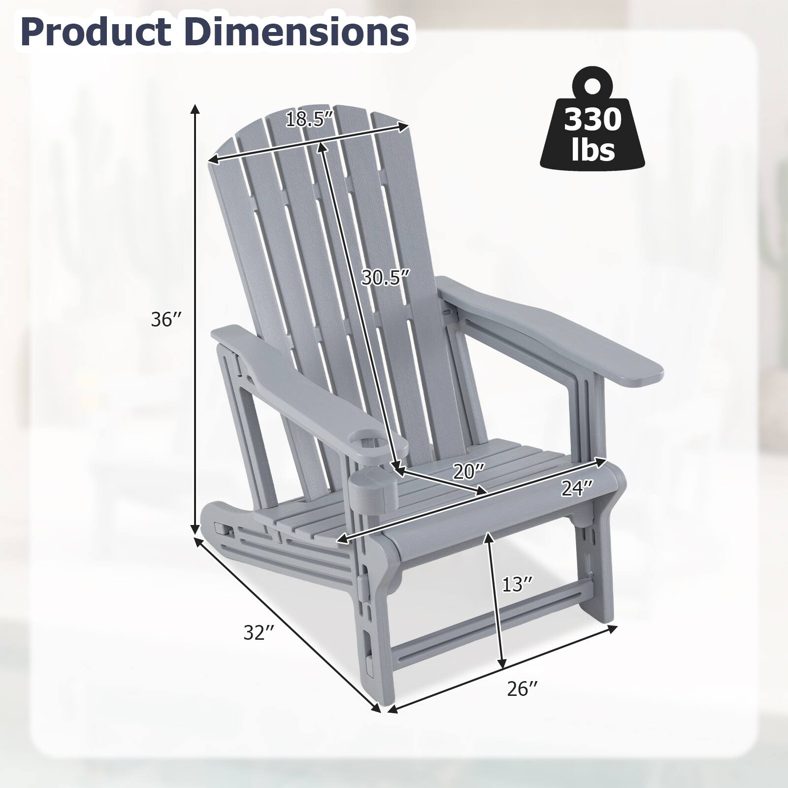 Product Dimensions: 18.5" x 30.5" x 36" x 20" x 24" x 13" x 32" x 26"  
Weight Capacity: 330 lbs