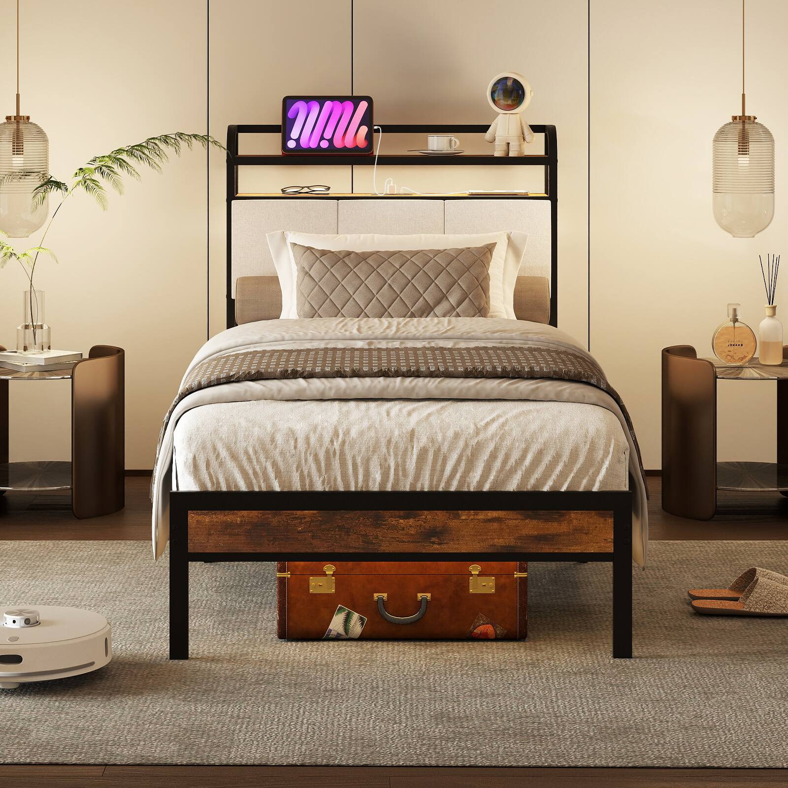Alt View 3. Costway - Costway Twin Bed Frame w/ Charging Station Metal Platform Bed w/ Upholstered Headboard - Rustic Brown,Black,Grey.