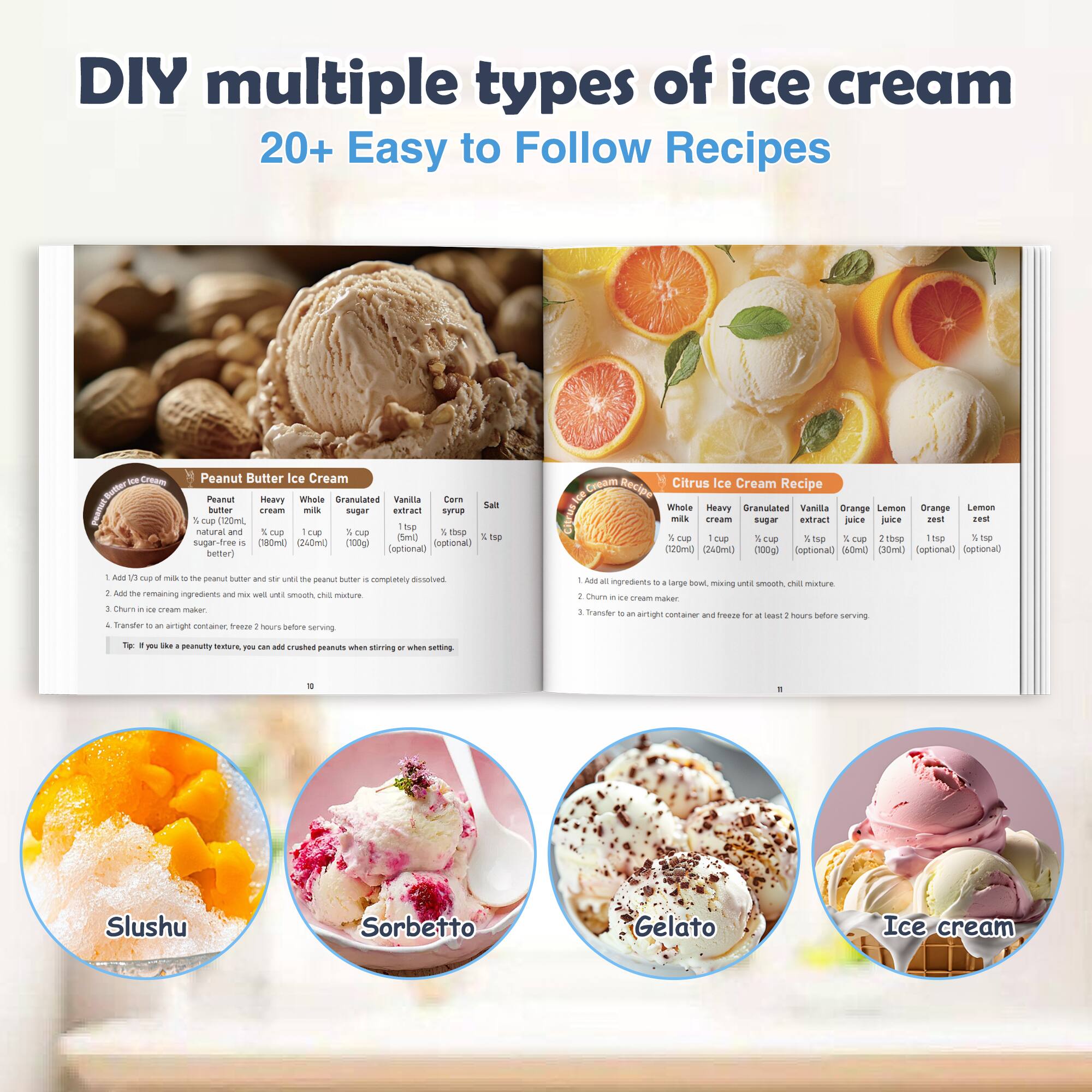 DIY multiple types of ice cream  
20+ Easy to Follow Recipes

**Peanut Butter Ice Cream**
- Peanut butter: 1/2 cup (120ml)
- Heavy cream: 1 cup (240ml)
- Whole milk: 1 cup (240ml)
- Granulated sugar: 1/2 cup (100g)
- Vanilla extract: 1 tsp
- Corn syrup: 1 tsp
- Salt: 1/4 tsp

1. Add 1/2 cup of milk to the peanut butter and stir until the peanut butter is completely dissolved.
2. Add remaining ingredients and mix well until smooth, chill mixture.
3. Churn in ice cream maker.
4. Transfer to an airtight container, freeze for 2 hours before serving.

Tip: If you like a peanutty texture, you can add crushed peanuts when stirring or while setting.

**Citrus Ice Cream Recipe**
- Whole milk: 1 cup (240ml)
- Heavy cream: 1 cup (240ml)
- Granulated sugar: 1/2 cup (100g)
- Vanilla extract: 1 tsp
- Orange juice: 1/