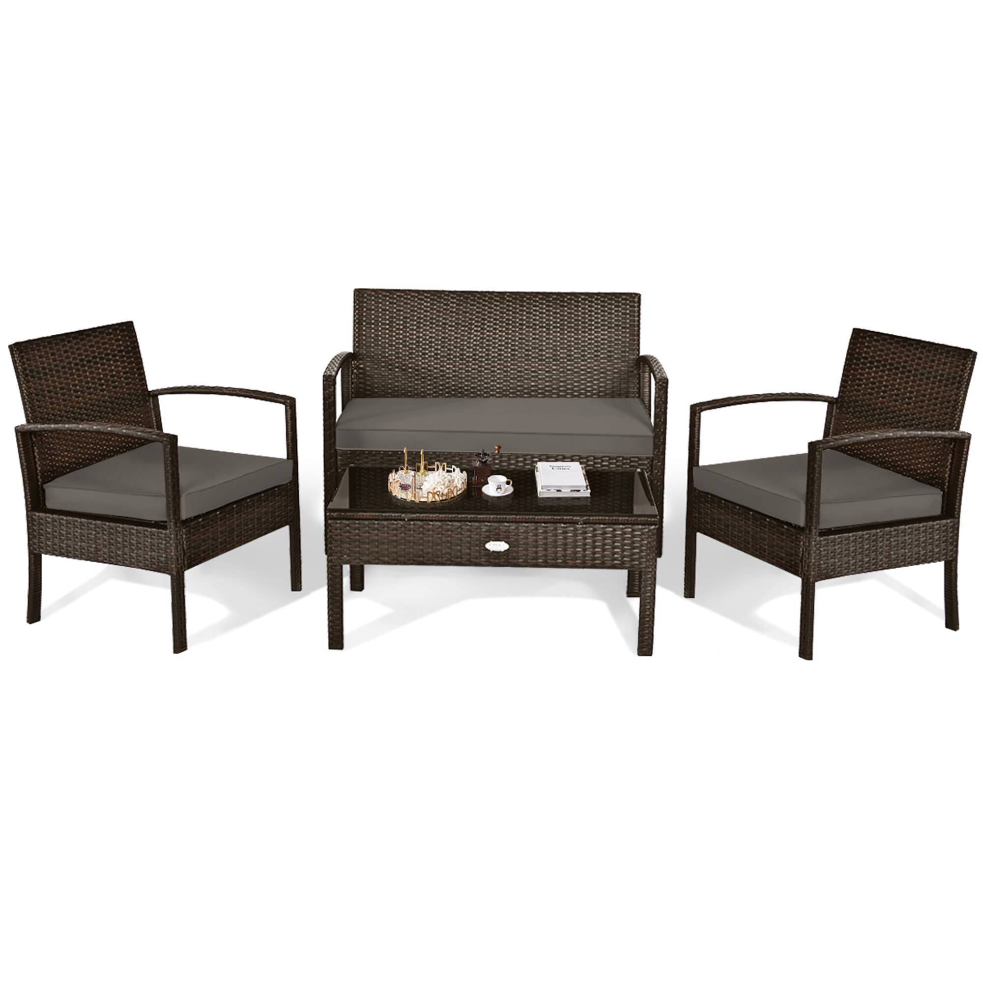 Alt View 3. Gymax - Gymax 4PCS Patio Garden Outdoor Rattan Wicker Furniture Set Brown - brown.