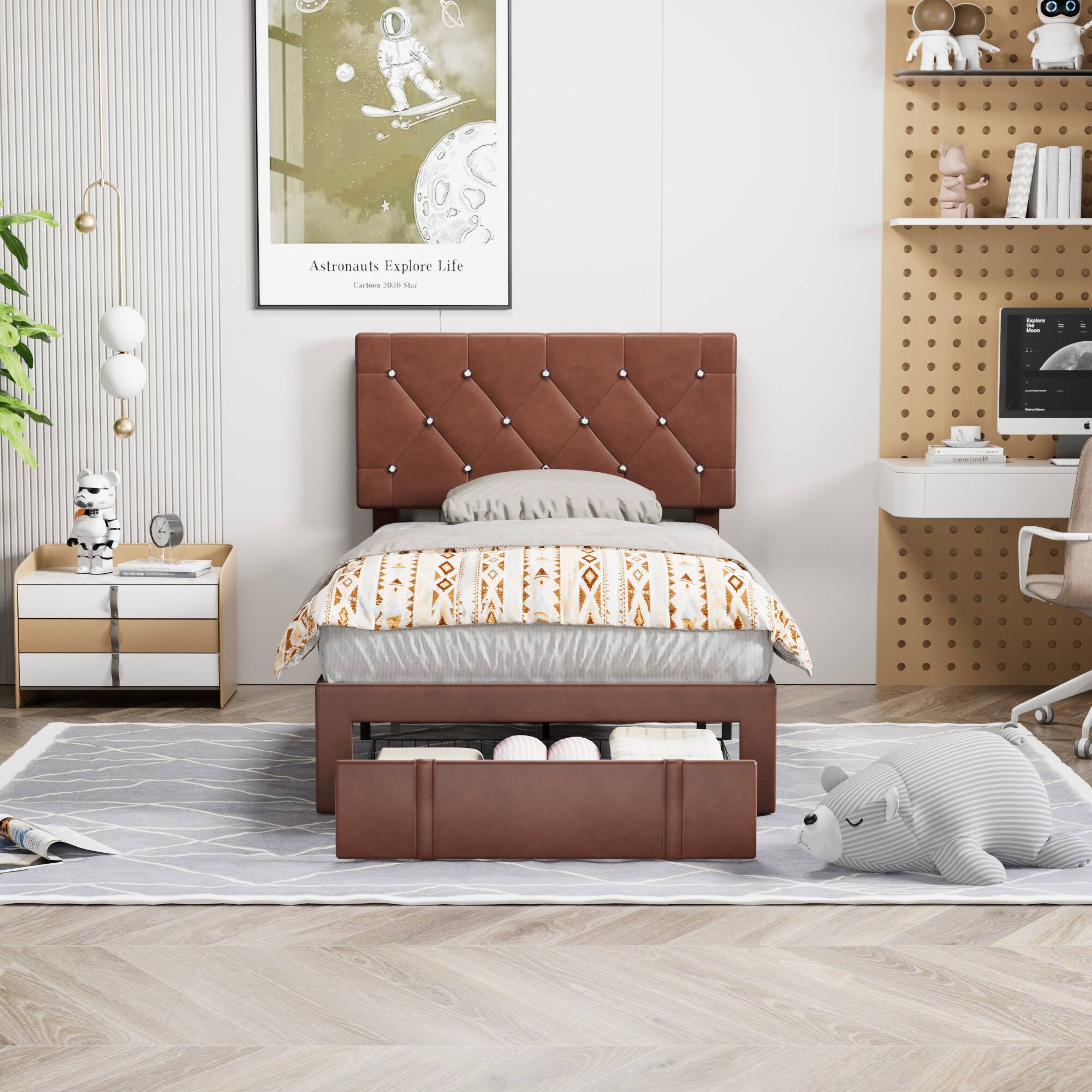 Vecelo - Twin Bed Frame with Storage Drawers, Upholstered Faux Leather Platform Bed with Adjustable Headboard and Wood Slats - Brown