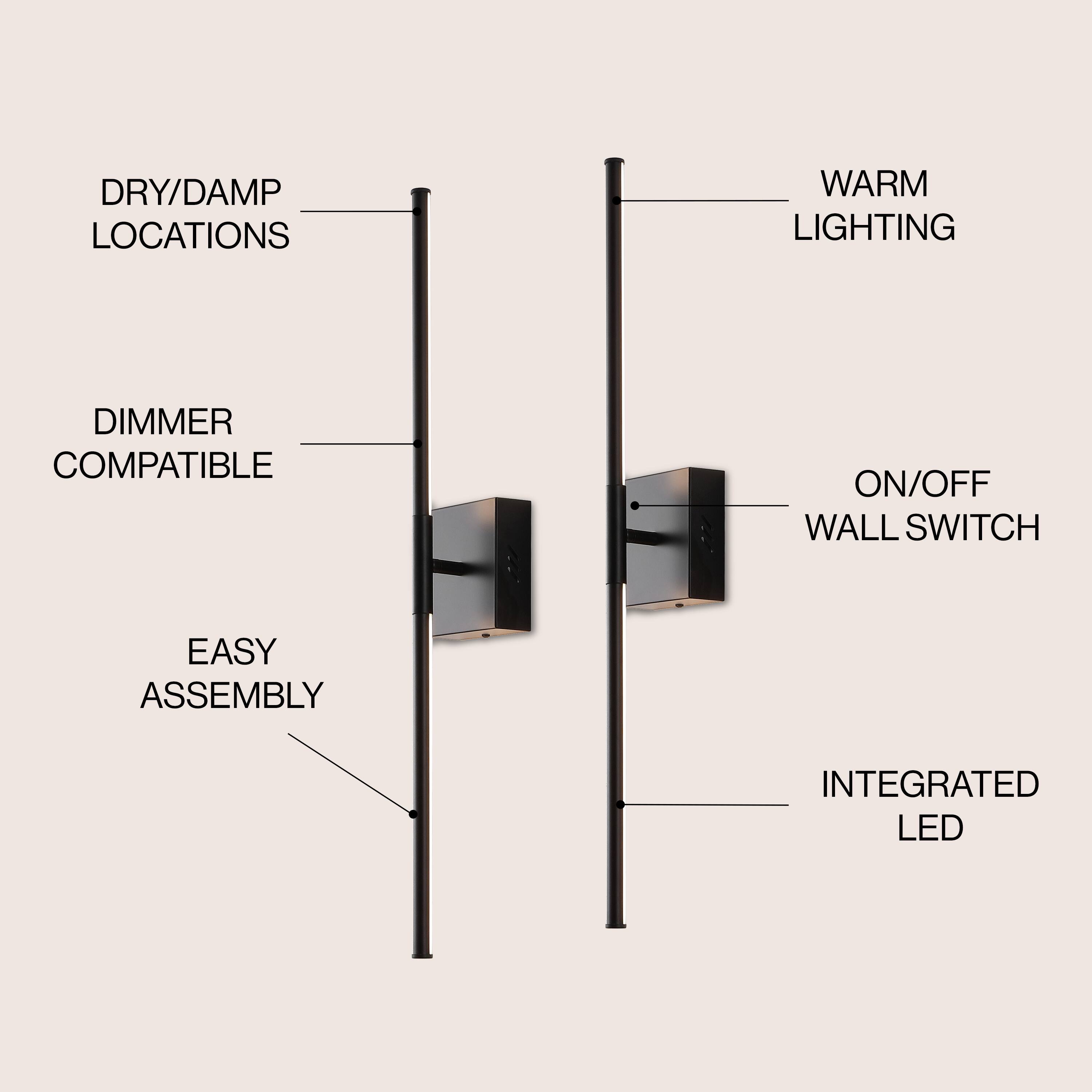 - DRY/DAMP LOCATIONS
- WARM LIGHTING
- DIMMER COMPATIBLE
- ON/OFF WALL SWITCH
- EASY ASSEMBLY
- INTEGRATED LED