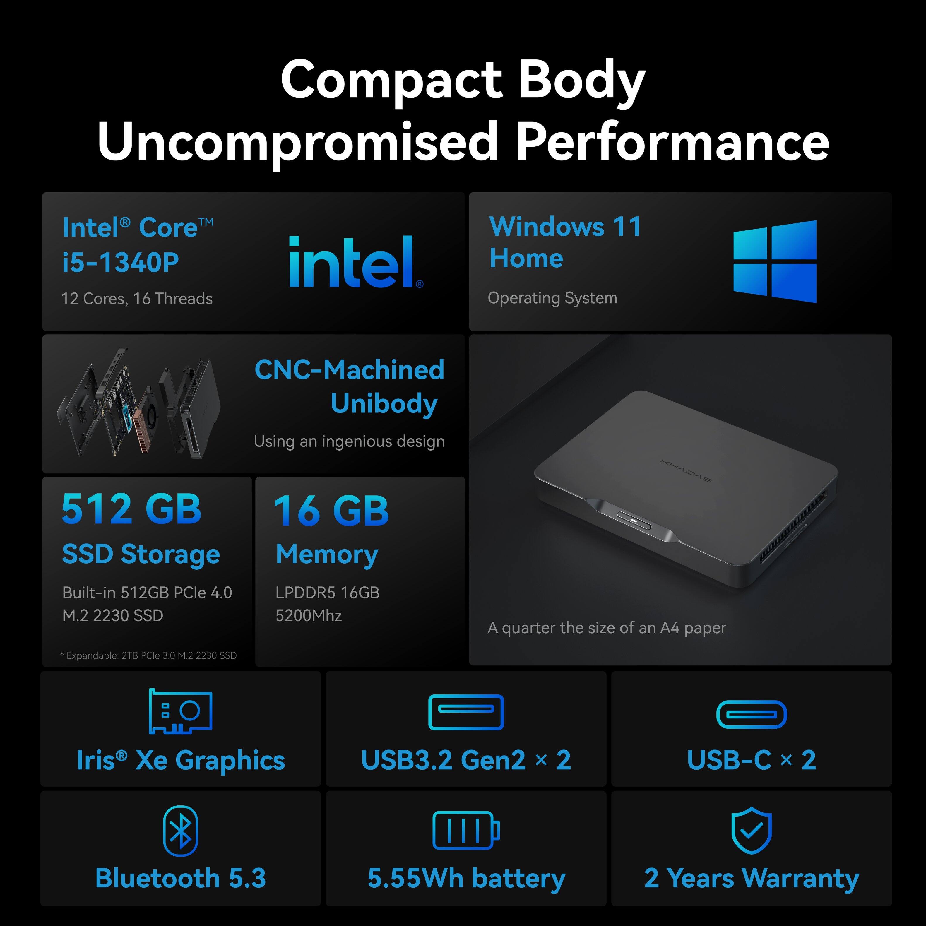 Compact Body Uncompromised Performance

Intel Core i5-1340P 12 Cores, 16 Threads

Windows 11 Home Operating System

CNC-Machined Unibody
Using an ingenious design

512 GB SSD Storage
Built-in 512GB PCIe 4.0 M.2 2230 SSD
*Expandable: 2TB PCIe 3.0 M.2 2230 SSD

16 GB Memory
LPDDR5 16GB 5200Mhz

Iris® Xe Graphics

USB3.2 Gen2 x 2
USB-C x 2

Bluetooth 5.3

5.55Wh battery

2 Years Warranty
