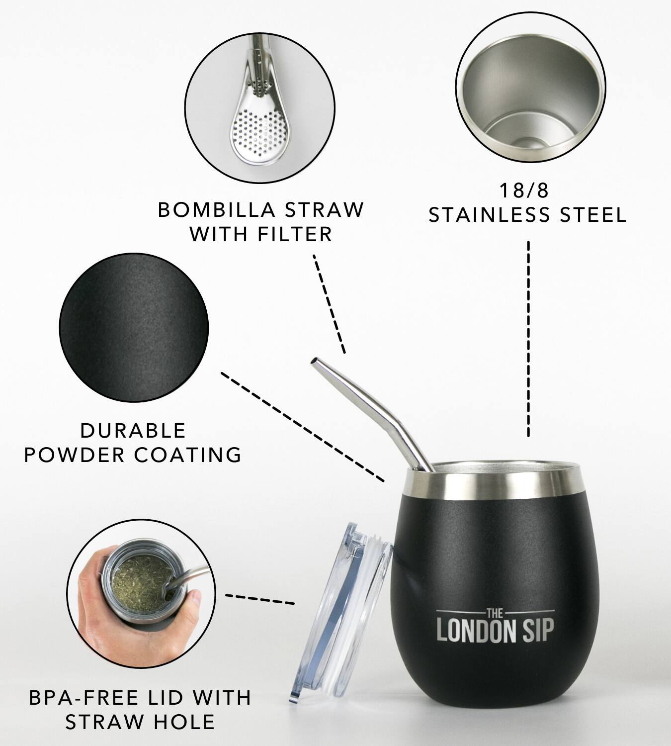 The text on the image is:

- BOMBILLA STRAW WITH FILTER
- 18/8 STAINLESS STEEL
- DURABLE POWDER COATING
- BPA-FREE LID WITH STRAW HOLE
- THE LONDON SIP