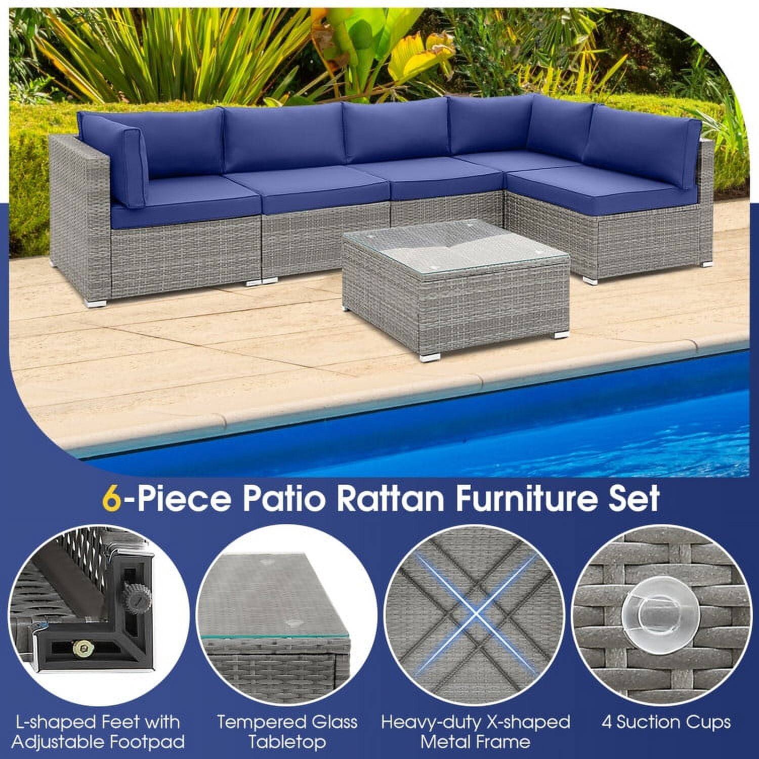 6-Piece Patio Rattan Furniture Set

- L-shaped Feet with Adjustable Footpad
- Tempered Glass Tabletop
- Heavy-duty X-shaped Metal Frame
- 4 Suction Cups
