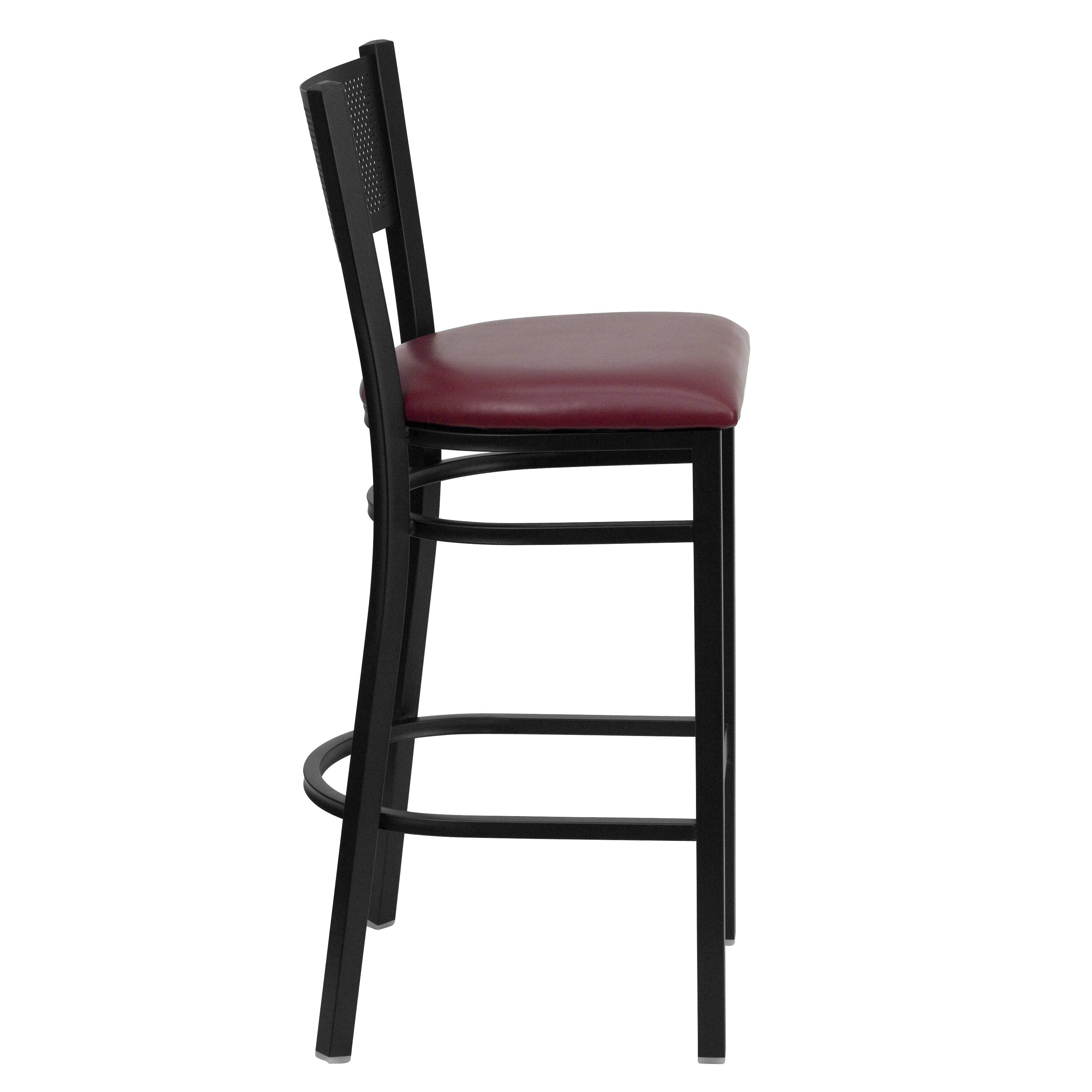 Alt View 4. Emma + Oliver - Grid Back Metal Restaurant Dining Barstool - Burgundy Vinyl Seat/Black Metal Frame.