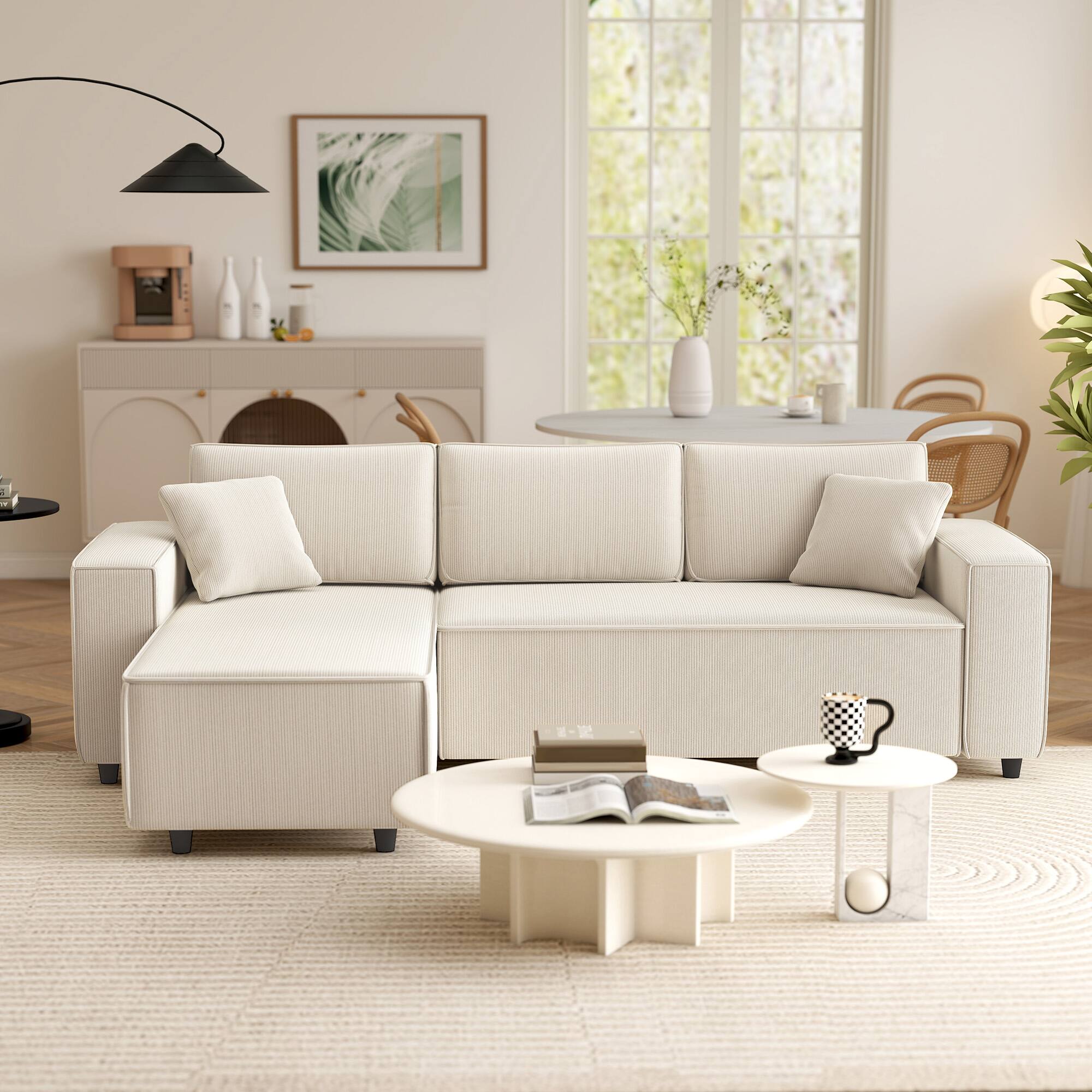 Alt View 8. Homcom - Sectional Sofa with Reversible Chaise Lounge, 95" L-Shaped Corner Sofa, 2 Pillows, 3 Seat Couch for Living Room - Cream White.