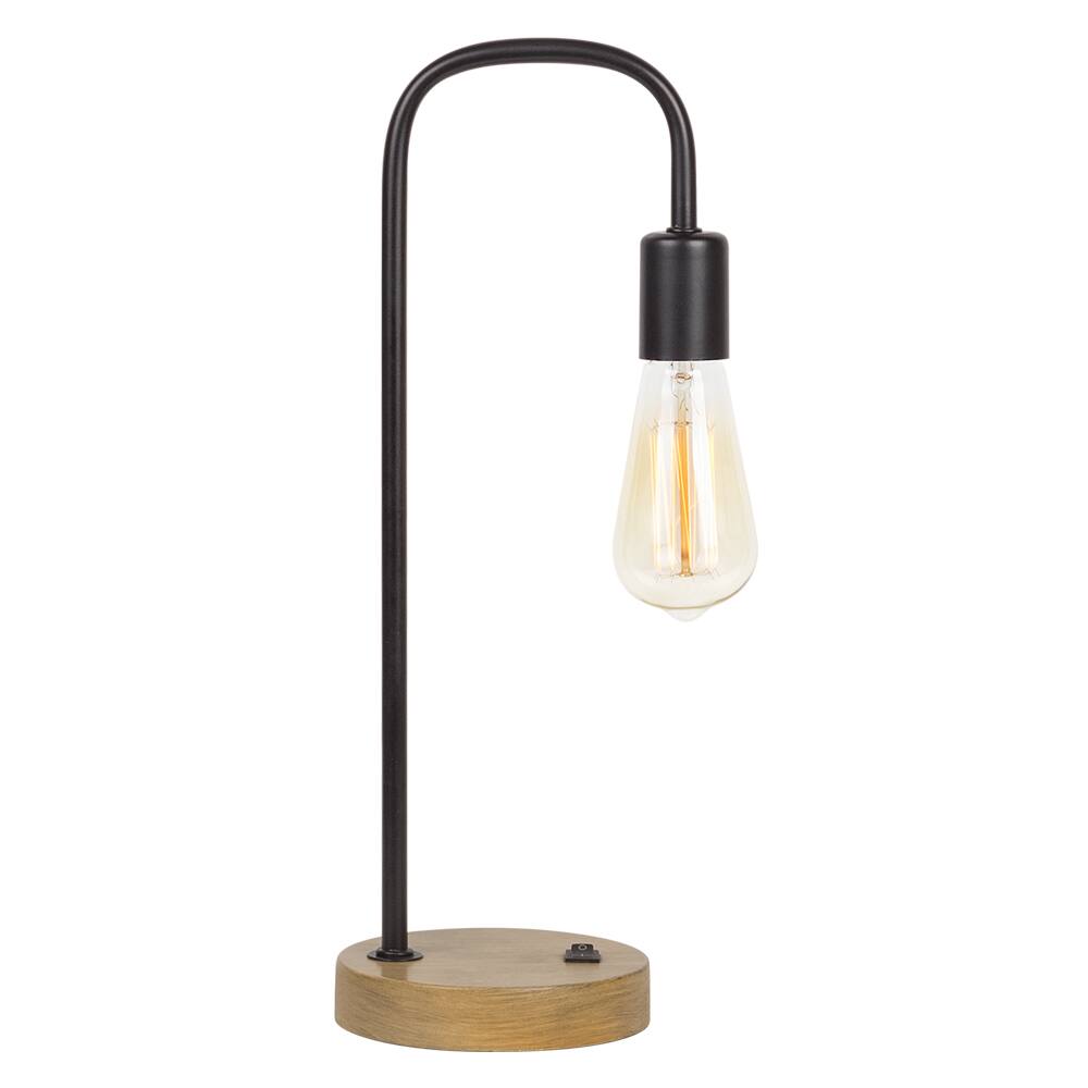 Angle. Oumilen - Black Curved-Arm Table Lamp with Wood Base – Modern Industrial Edison Desk Lamp for Bedroom, Living Room.