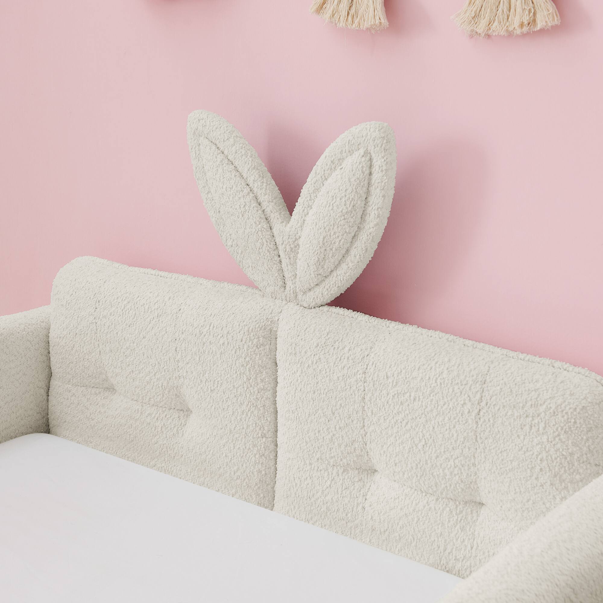 Alt View 2. GOODSILO - Twin Size Upholstered Platform Bed with Playful Bunny Ear Headboard and Safety Features in Soft Neutral Fabric - Beige.