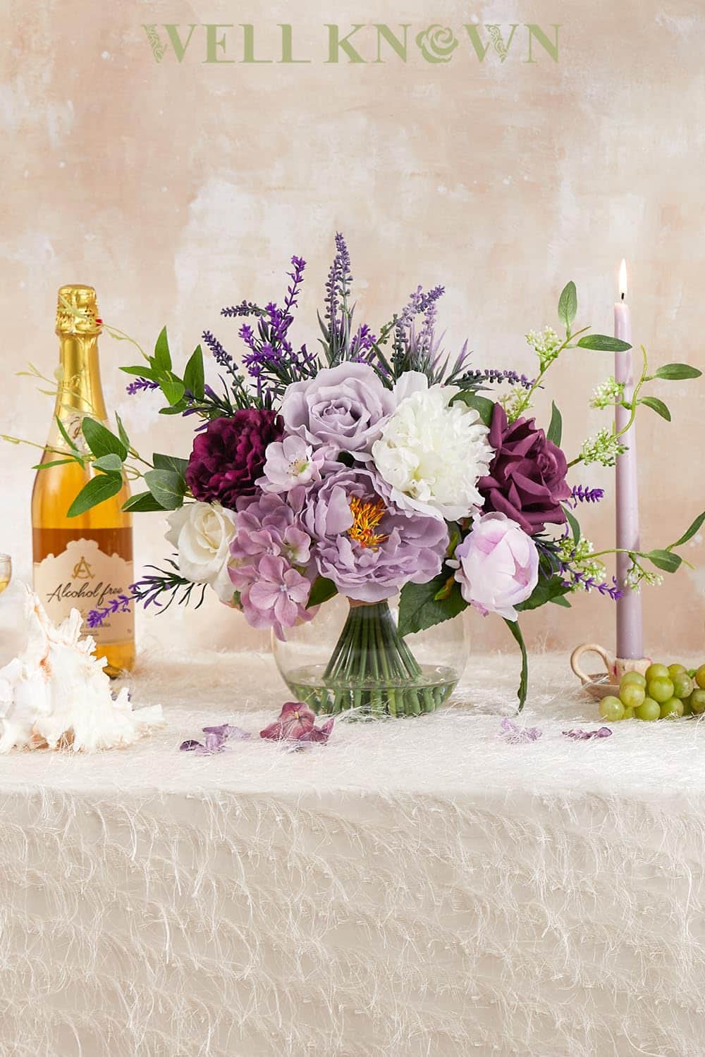 Siljoy - Lavender & Silk Peony Arrangement, Faux Water Glass Vase, Home Wedding Dining Decor - Purple