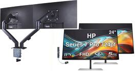 HP - Series 7 Pro 724pf 24" FHD IPS Monitor, Anti-Glare, HDMI (8X530AA#ABA) 2 Pack w/DKZ Hub & Ergoflexy Dual Mount Arms - Black/Silver