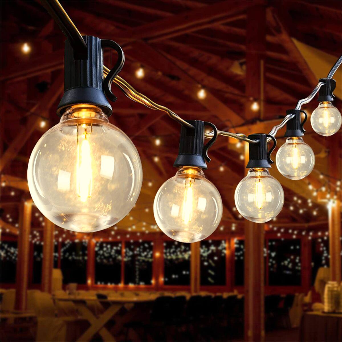 Angle. HTUTWOO - 98FT LED Outdoor String Lights - 50 Shatterproof Bulbs Waterproof Patio Lights, Plug-in Warm White Hanging for Backyard - Black.