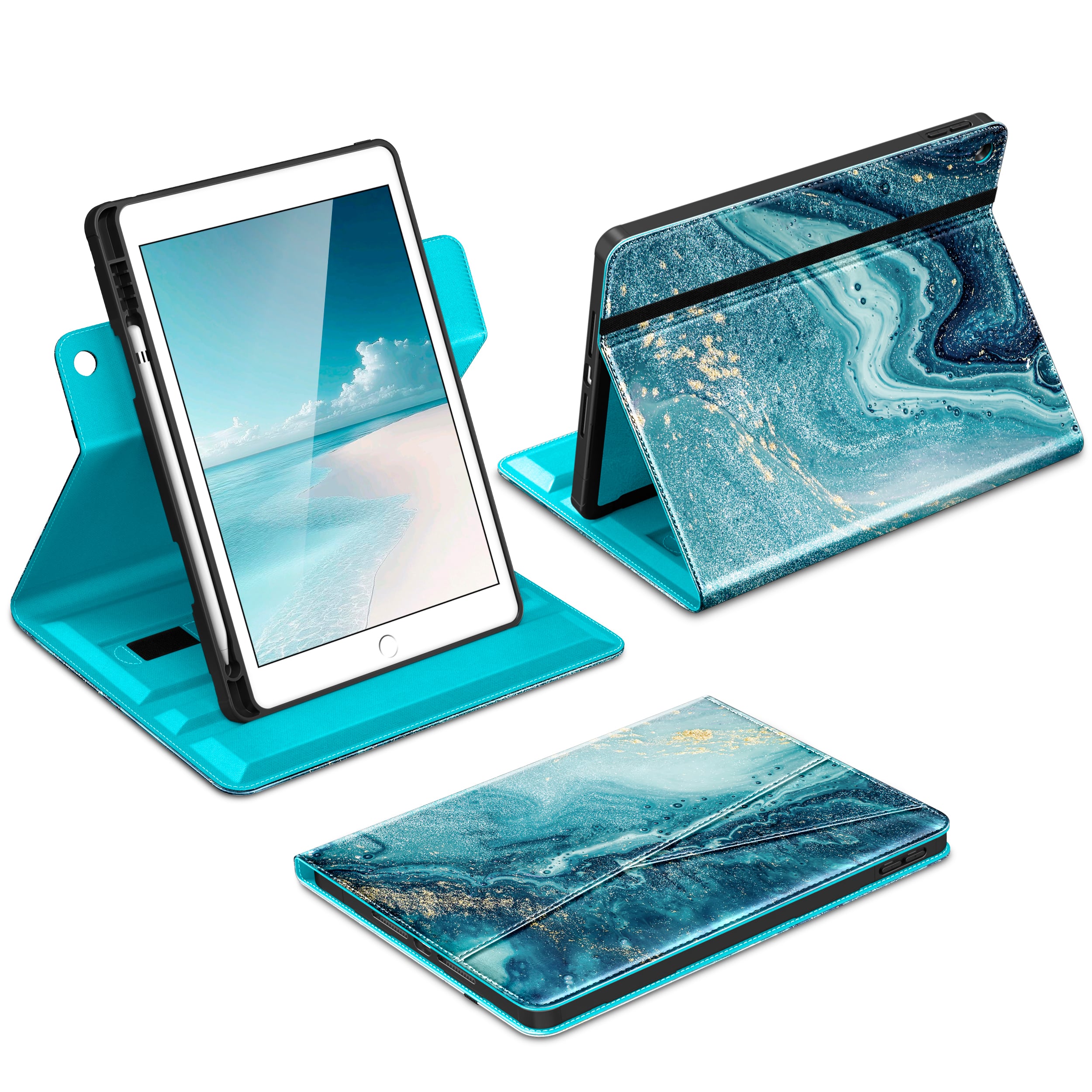 DTTO - Case for iPad 9th / 8th / 7th Generation 10.2-Inch – 360° Rotating Premium Leather Folio Stand Cover with Pencil Holder - Sandy Wave