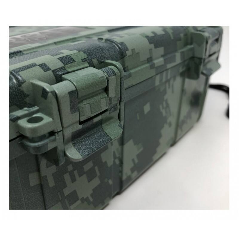 Angle. Prestige - 15 Cigar Safe Humidor Case (Camouflage) - Slick Camouflage Plastic Finish.