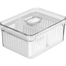 OU - Fridge Organizer Bin w Drain Baskets & Vented Lid, 2.3qt Refrigerator Storage Bin, BPA Free - Clear