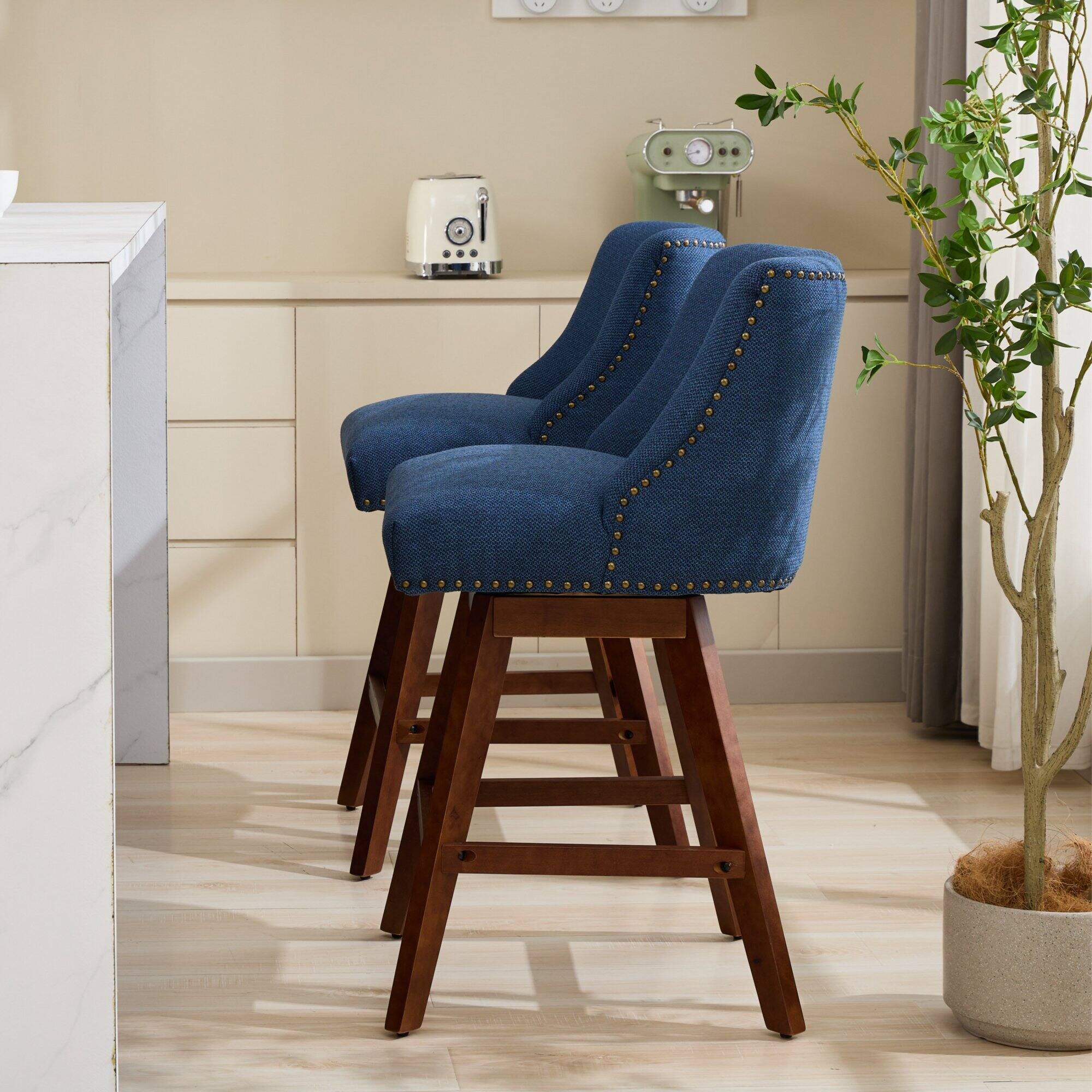 Alt View 6. Trinkets Crazed - Counter Height Swivel Barstools Set of 2, 26'' H Seat Height Upholstered Bar Stools, Fabric - Blue.