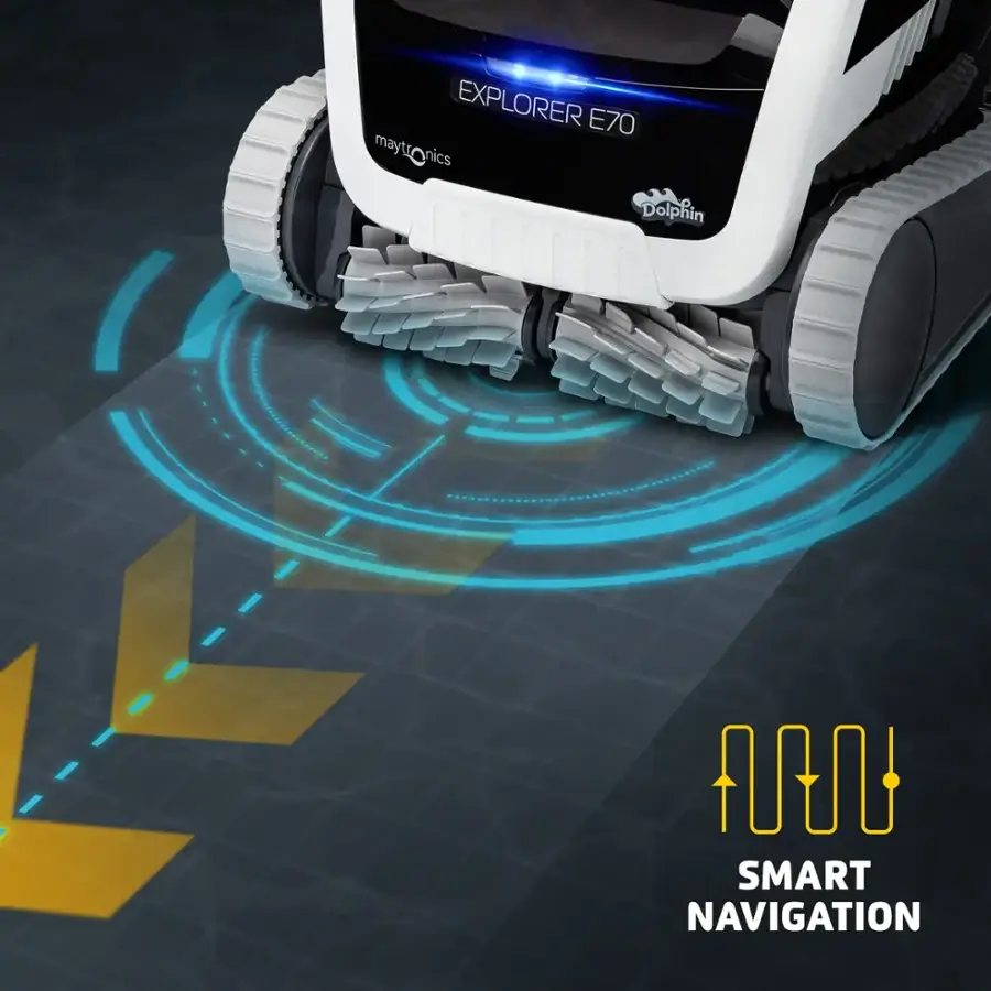 The text on the image reads "EXPLORER E70 maytronics mayt nics Dolphin SMART NAVIGATION." This text can be grouped and corrected as follows:

"EXPLORER E70 maytronics mayt nics Dolphin SMART NAVIGATION" can be rephrased as "Explorer E70, a smart navigation device by Maytronics."