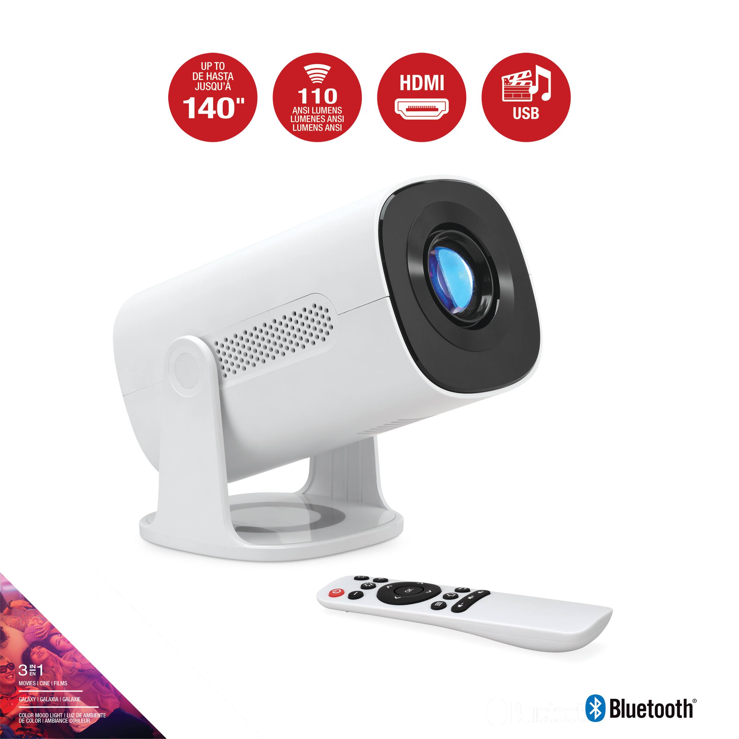 UP TO DE HASTA JUSQU'A 140"  
110 ANSI LUMENS  
HDMI  
USB  
Bluetooth  

3 IN 1  
MOVIES | ONE FILMS  
MUSICA | GALLERIA | GALERIE  
COLOR MOOD LIGHT | LUMIERE DE AMBIANCE | DE COLOR | IRRADIANCE | COULEUR