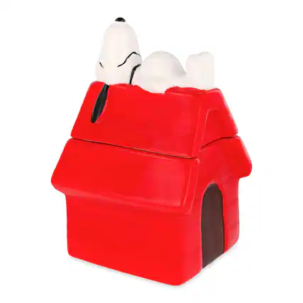 Front. Silver Buffalo - Peanuts Snoopy Doghouse 7-Inch Sculpted Ceramic Snack Jar - Multi-Colored.