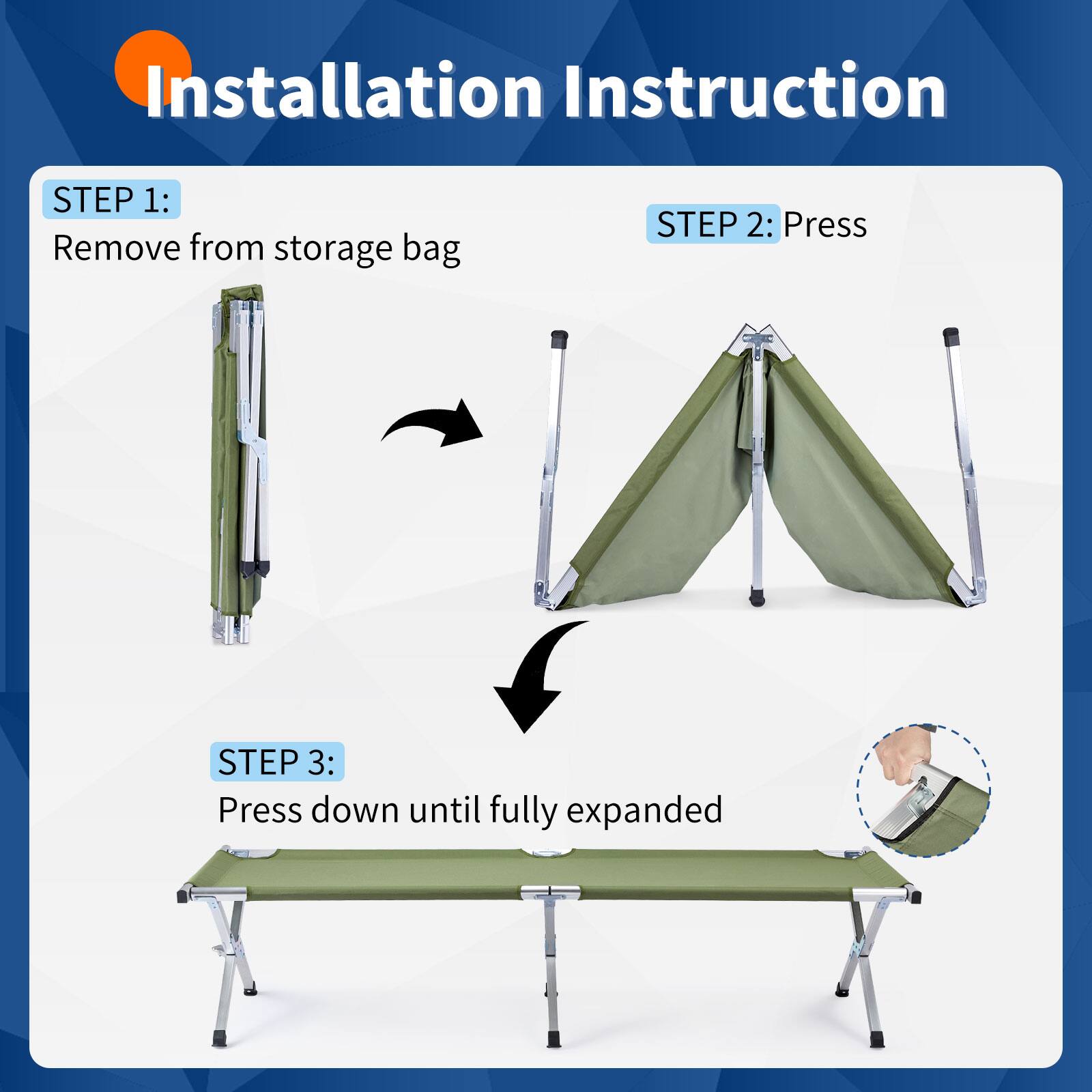 Installation Instruction

STEP 1: Remove from storage bag

STEP 2: Press

STEP 3: Press down until fully expanded