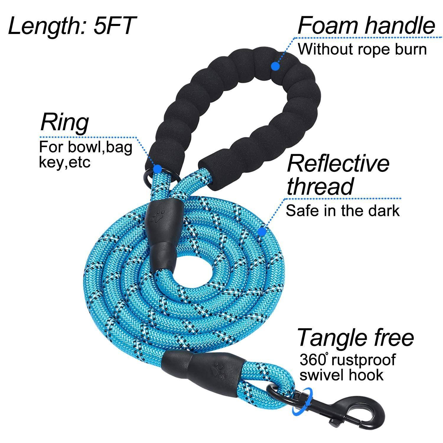 Length: 5FT

Foam handle  
Without rope burn

Ring  
For bowl, bag key, etc

Reflective thread  
Safe in the dark

Tangle free  
360° rustproof swivel hook