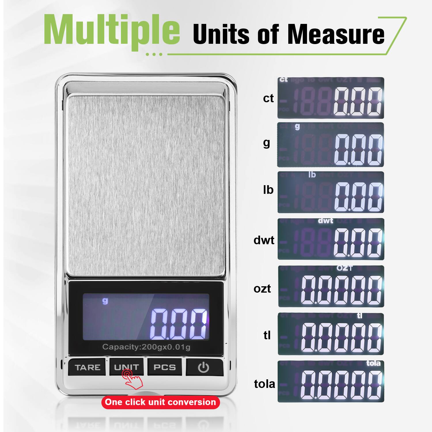 Multiple Units of Measure

Capacity: 200gx0.01g

One click unit conversion

ct - 188.000  
g - 167.000  
lb - 186.000  
dwt - 188.000  
ozt - 0.0000  
tl - 0.0000  
tola - 0.0000