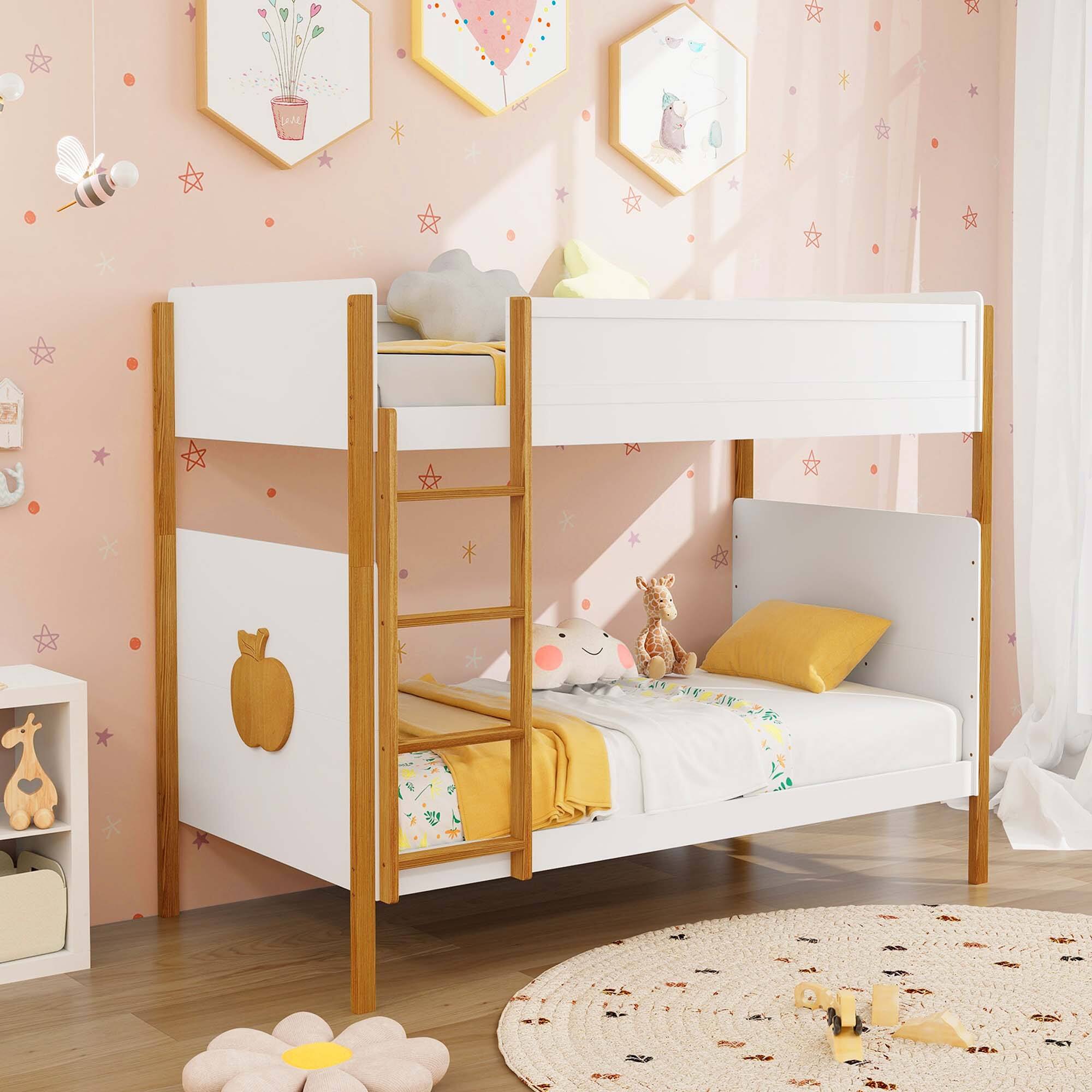 Angle. Costway - 2-in-1 Twin Over Bunk Bed Frame with Integrated Ladder & Safety Guardrails - White & Natural.