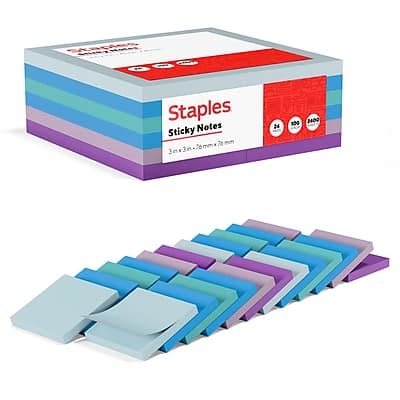 Staples - Sticky Notes, 3" x 3", Marina Collection, 100 Sheets/Pad, 24 Pads/Pack - Assorted Colors