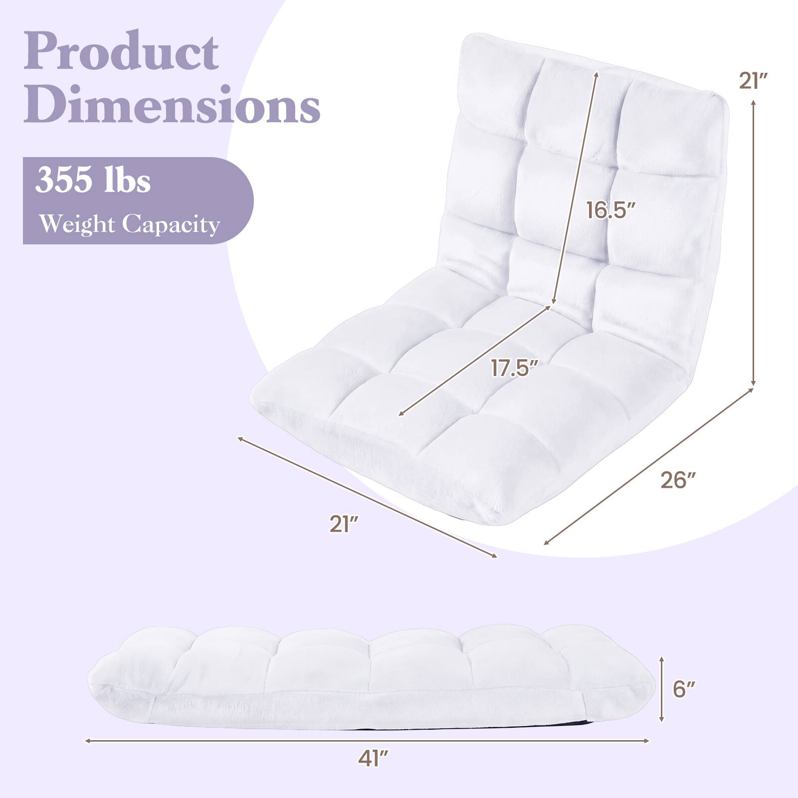Product Dimensions: 21" x 16.5" x 17.5" x 26" x 21" x 6"  
Weight Capacity: 355 lbs