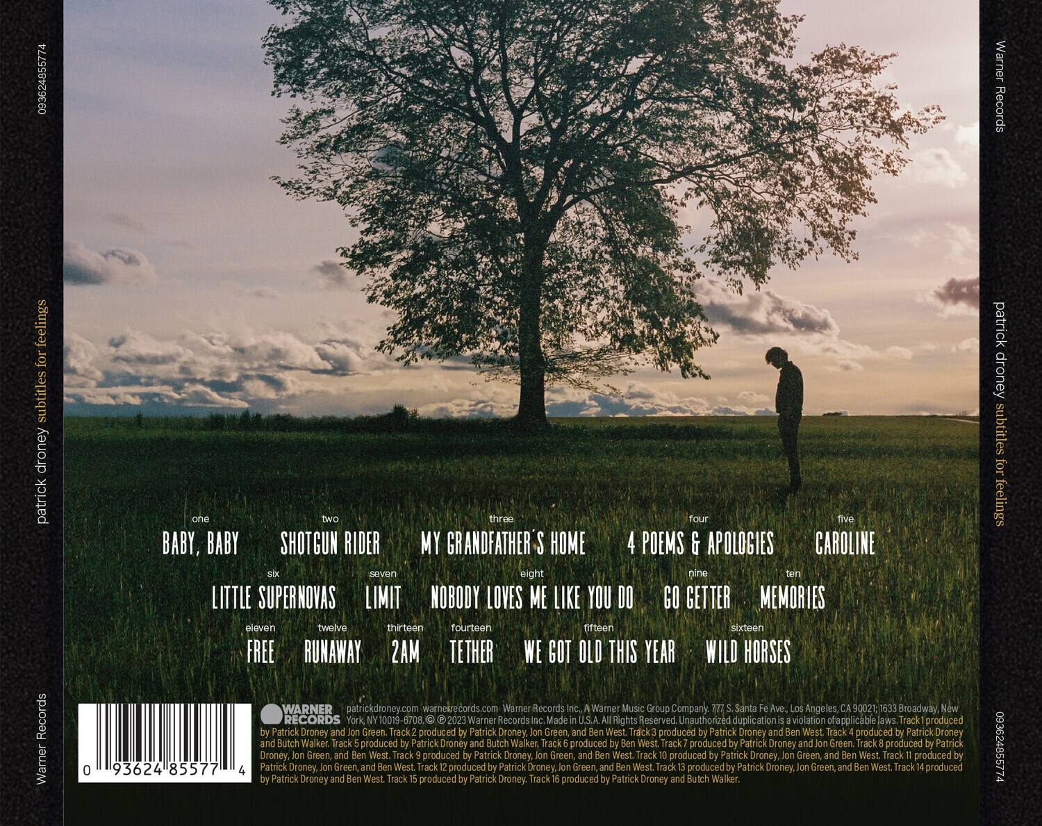 **Front Cover:**

- Warner Records
- patrick droney
- abilities for feelings

**Back Cover:**

- Warner Records
- Warner Music Group Company
- 777 Santa Fe Ave., Los Angeles, CA 90021; 1633 Broadway, New York 10019-6708
- 2023 Warner Records Made U.S.A. Rights Reserved Unauthorized duplication violation applicable laws.
- Track 1 produced Patrick Droney Green
- Track 2 produced Patrick Droney Green, and Ben West
- Track 3 produced Patrick Droney and Ben West
- Track 4 produced Patrick Droney and Butch Walker
- Track 5 produced Patrick Droney, Green, and West
- Track 6 produced Patrick Droney and Green
- Track 7 produced Patrick Droney, Green, and West
- Track 8 produced Patrick Droney, Green, and West
- Track 9 produced Patrick Droney, Green, and West
- Track 10 produced Patrick Droney, Green, and West
- Track 11 produced Patrick Droney, Green, and West
- Track 12 produced Patrick Droney, Green, and