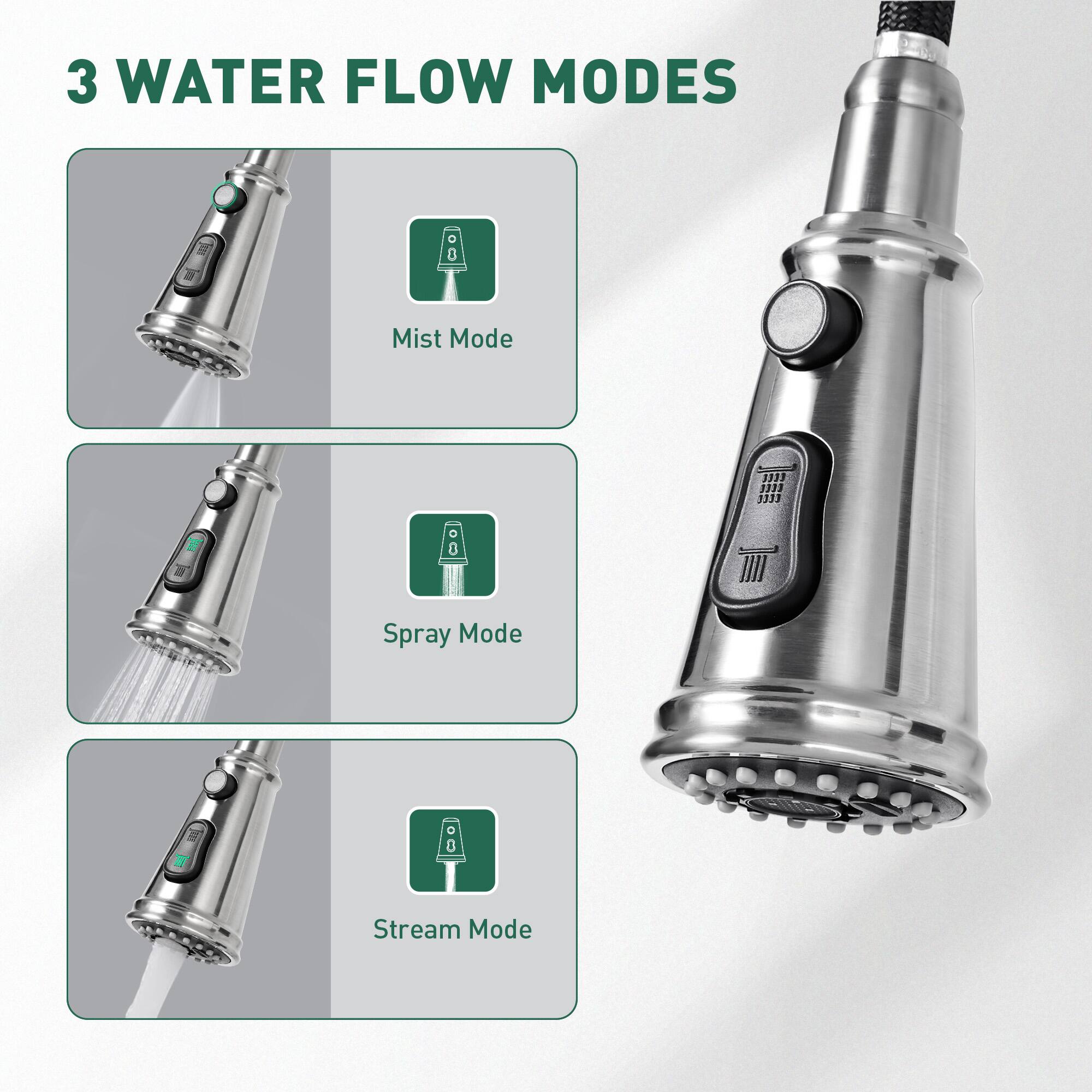 3 WATER FLOW MODES

- Mist Mode
- Spray Mode
- Stream Mode