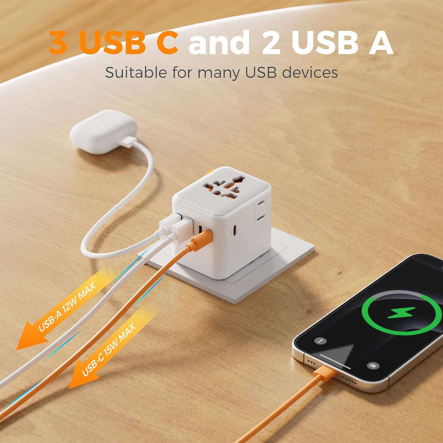 3 USB C and 2 USB A  
Suitable for many USB devices  
USB-A 12W MAX  
USB-C 15W MAX