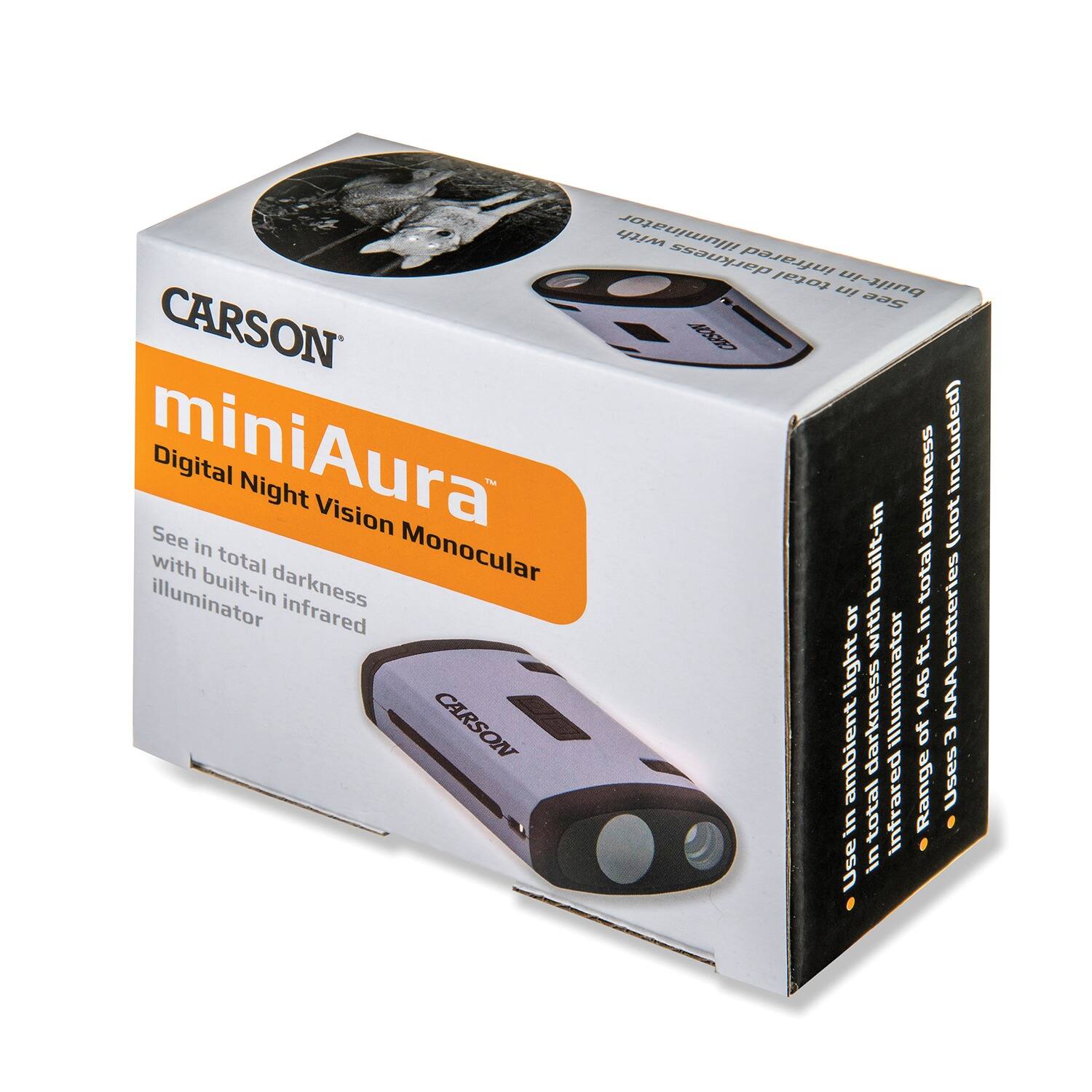 CARSON miniAura Digital Night Vision Monocular

See in total darkness with built-in infrared illuminator

Use in total darkness or ambient light

Infrared range of 146 ft. (44.5 m)

Uses 3 AAA batteries (not included)