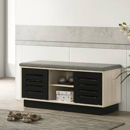 Whisen - Sliding Door Shoe Storage Bench with Upholstered Seat and Adjustable Shelves - Oak