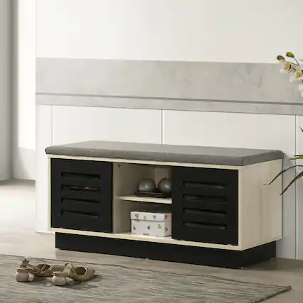 Front. Whisen - Sliding Door Shoe Storage Bench with Upholstered Seat and Adjustable Shelves-Oak - Oak.