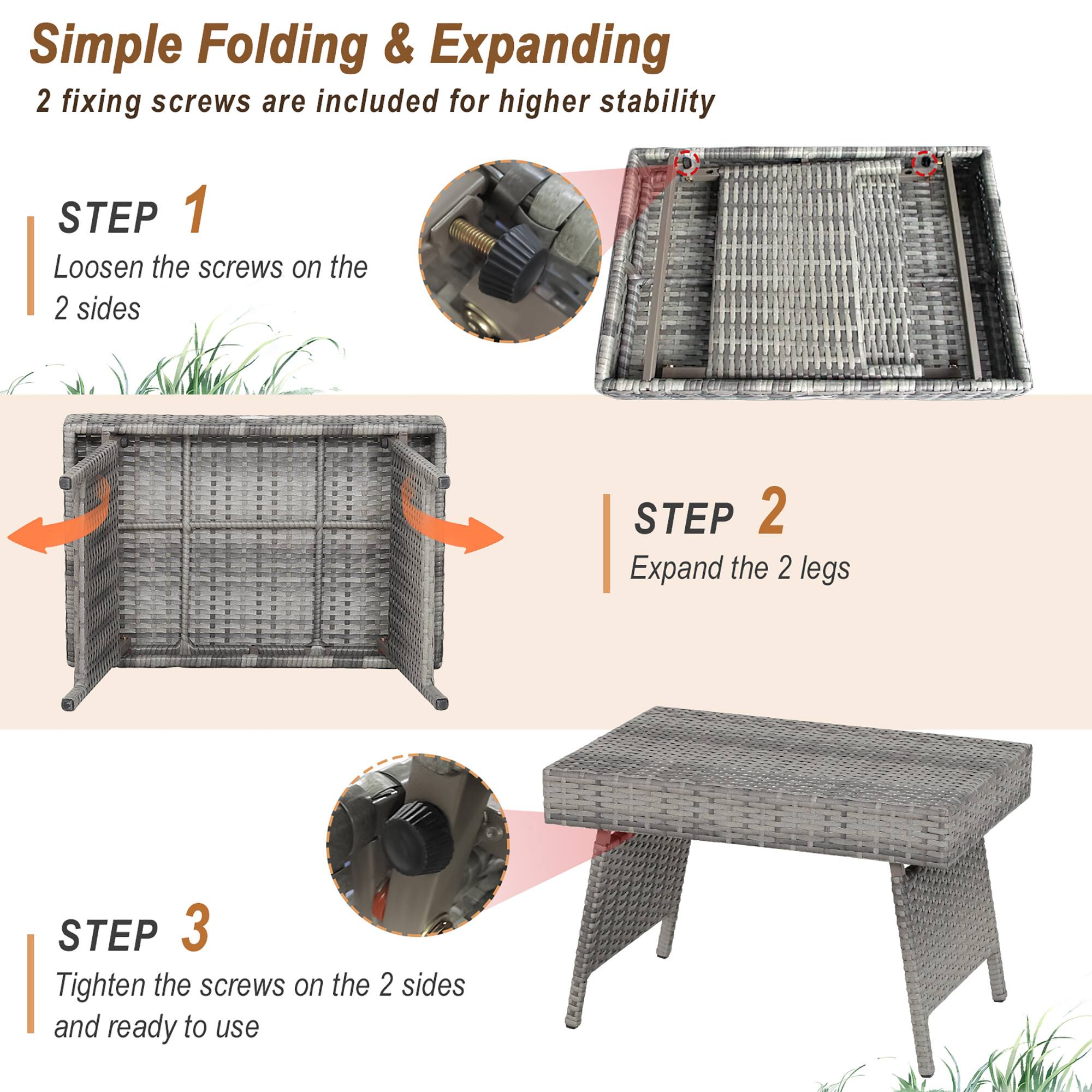 Simple Folding & Expanding
2 fixing screws are included for higher stability
STEP 1 Loosen the screws on the 2 sides
STEP 2 Expand the 2 legs
STEP 3 Tighten the screws on the 2 sides and ready to use